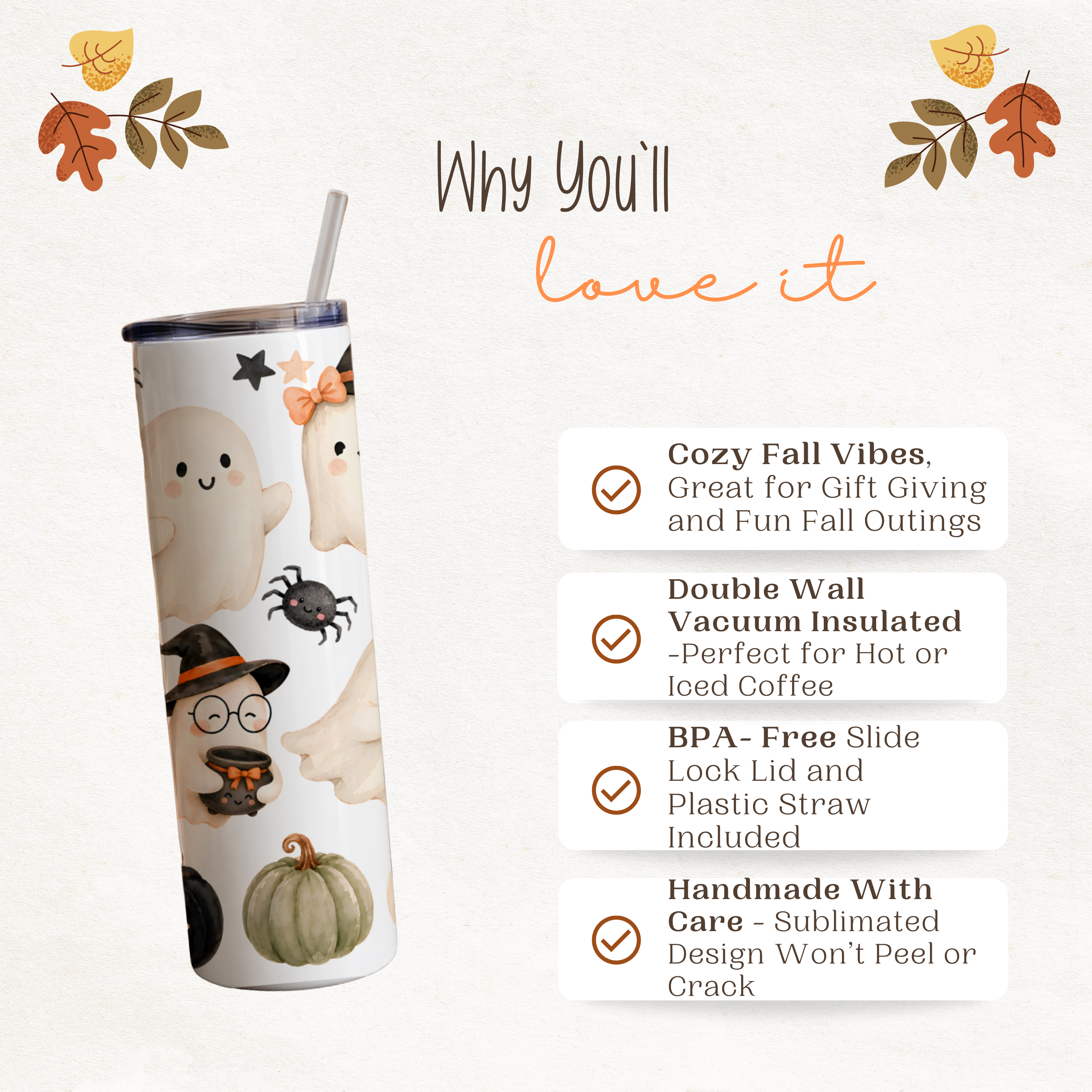Cute Halloween Ghost Tumbler | Black Cat Fall Coffee Cup | Spooky Cute Tumbler