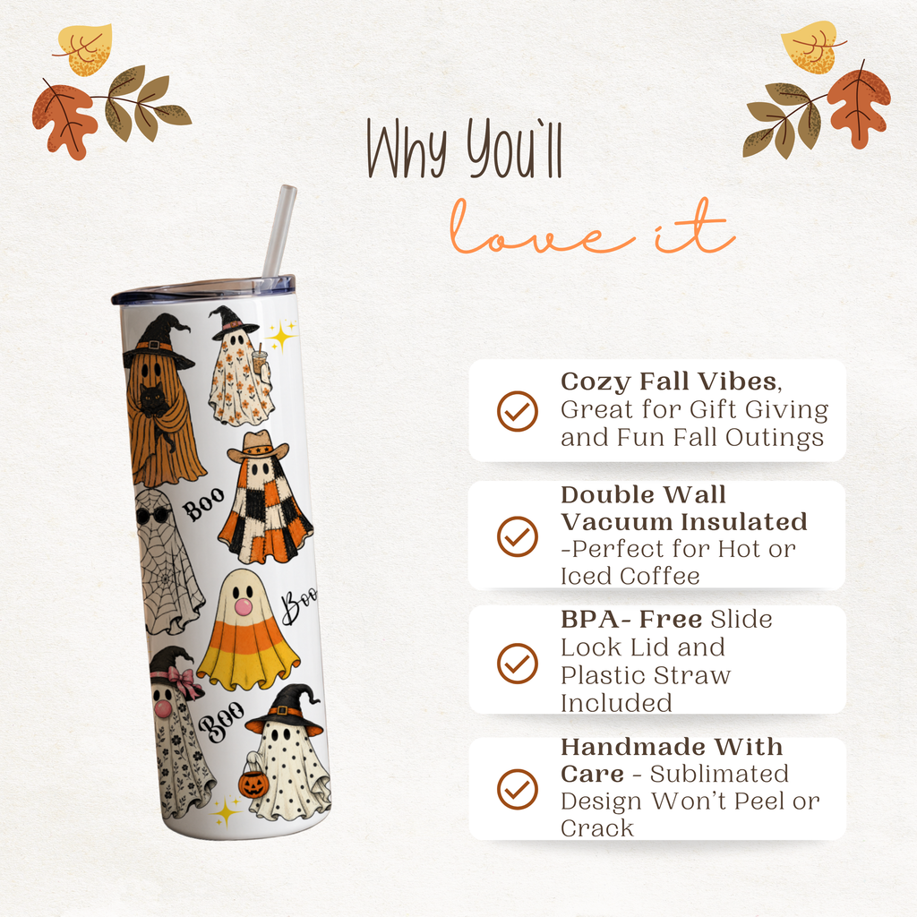 Halloween Ghost 20 oz Skinny Tumbler | Fall Insulated Coffee Cup | Spooky Cute Autumn Travel Mug