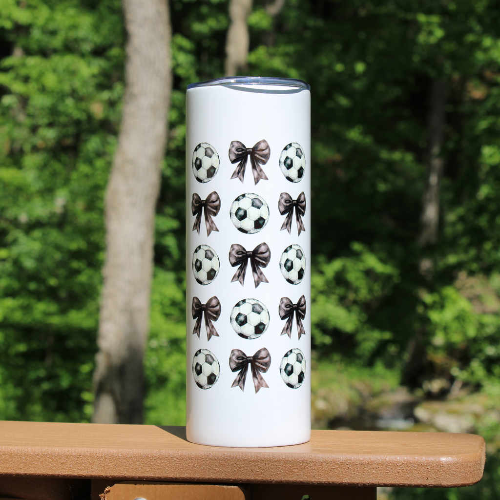 Soccer Mom 20 oz Tumbler with Bows and Soccer Balls