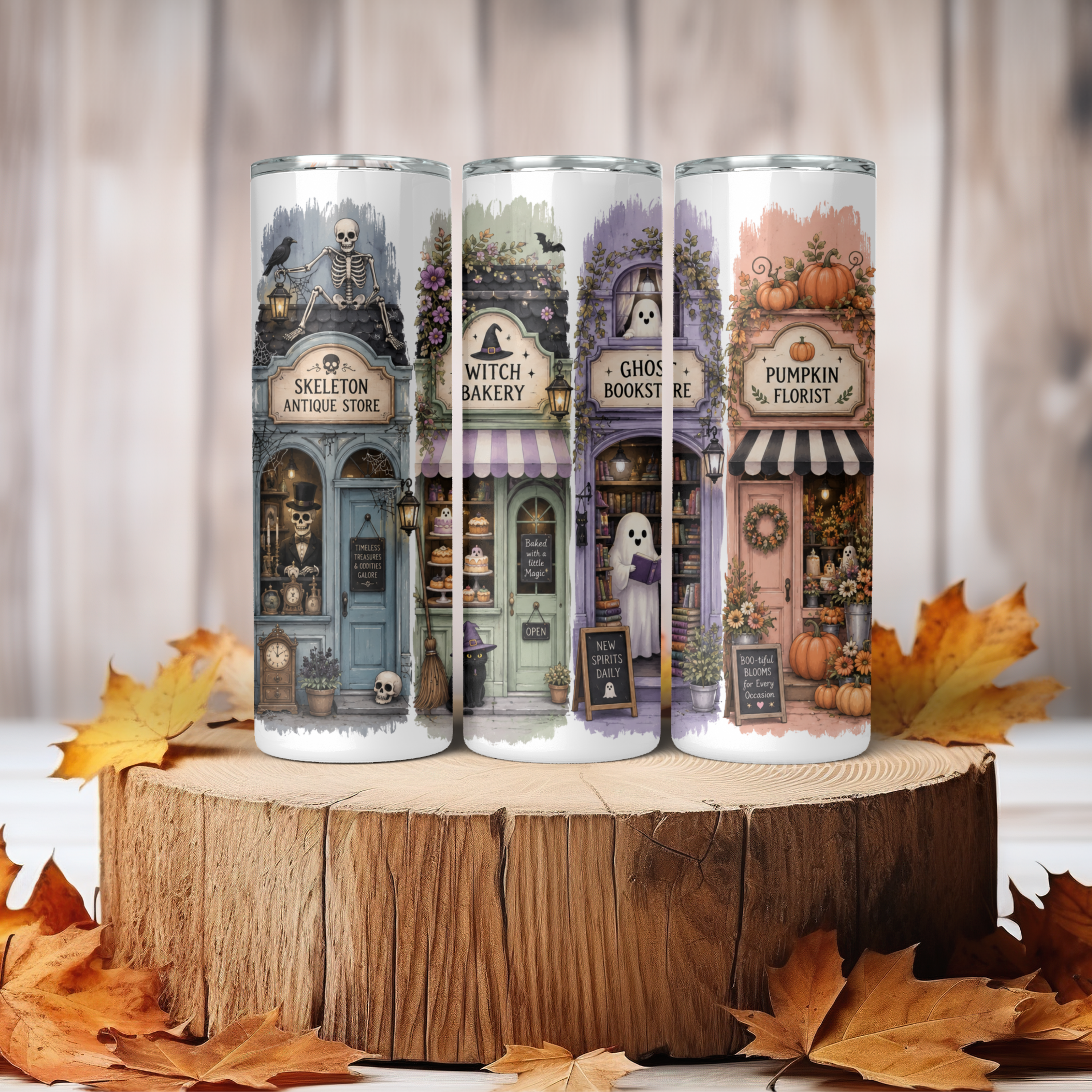 Spooky Halloween Village Tumbler | Cute Fall Main Street Shops Coffee Cup