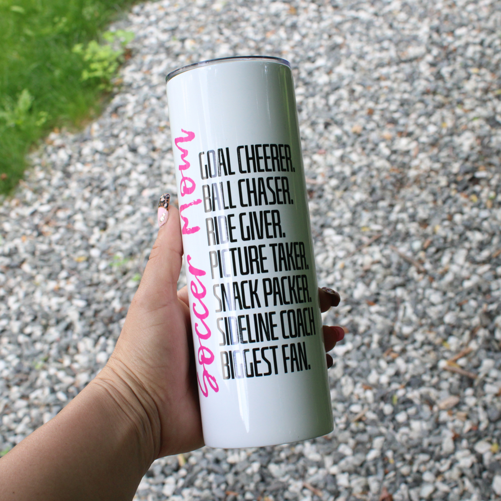 Soccer Mom 20 oz Tumbler with Bows and Soccer Balls