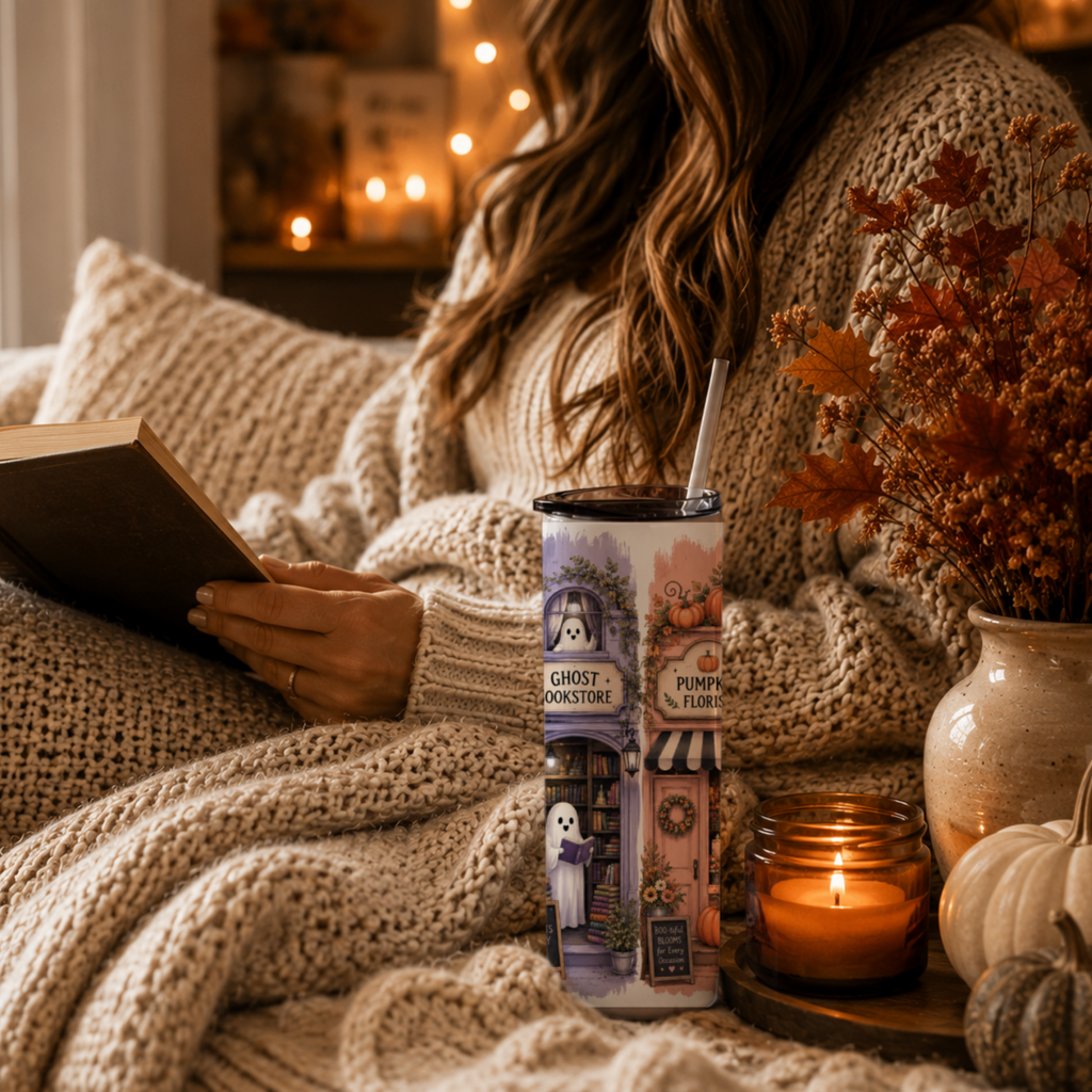 Spooky Halloween Village Tumbler | Cute Fall Main Street Shops Coffee Cup