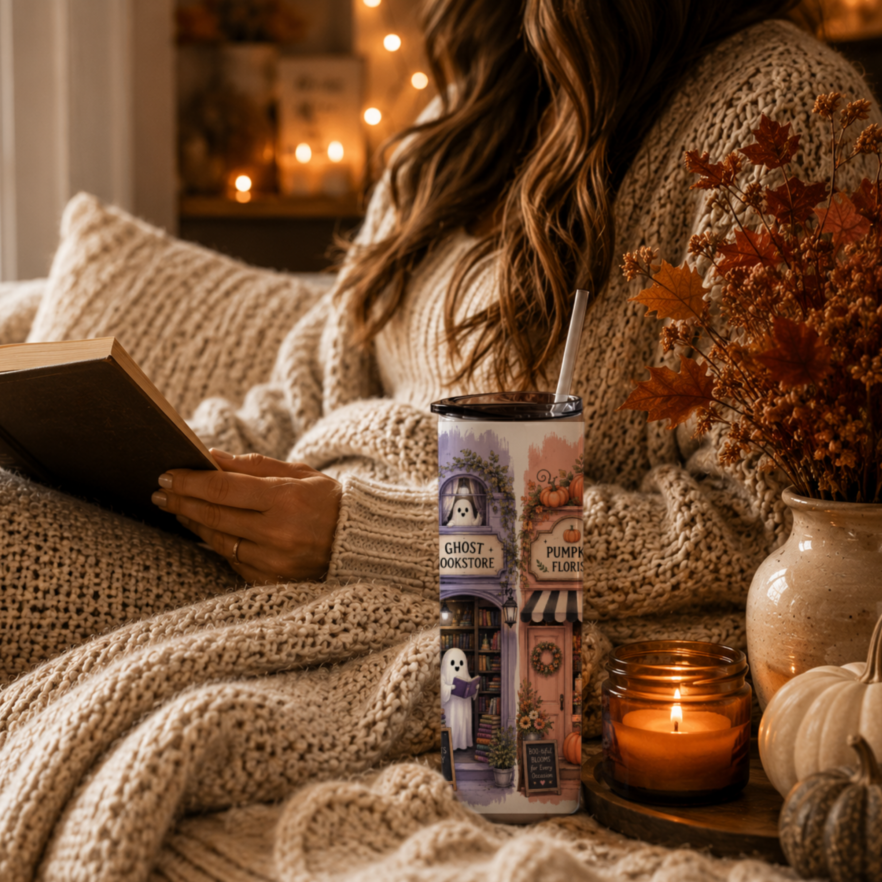 Spooky Halloween Village Tumbler | Cute Fall Main Street Shops Coffee Cup