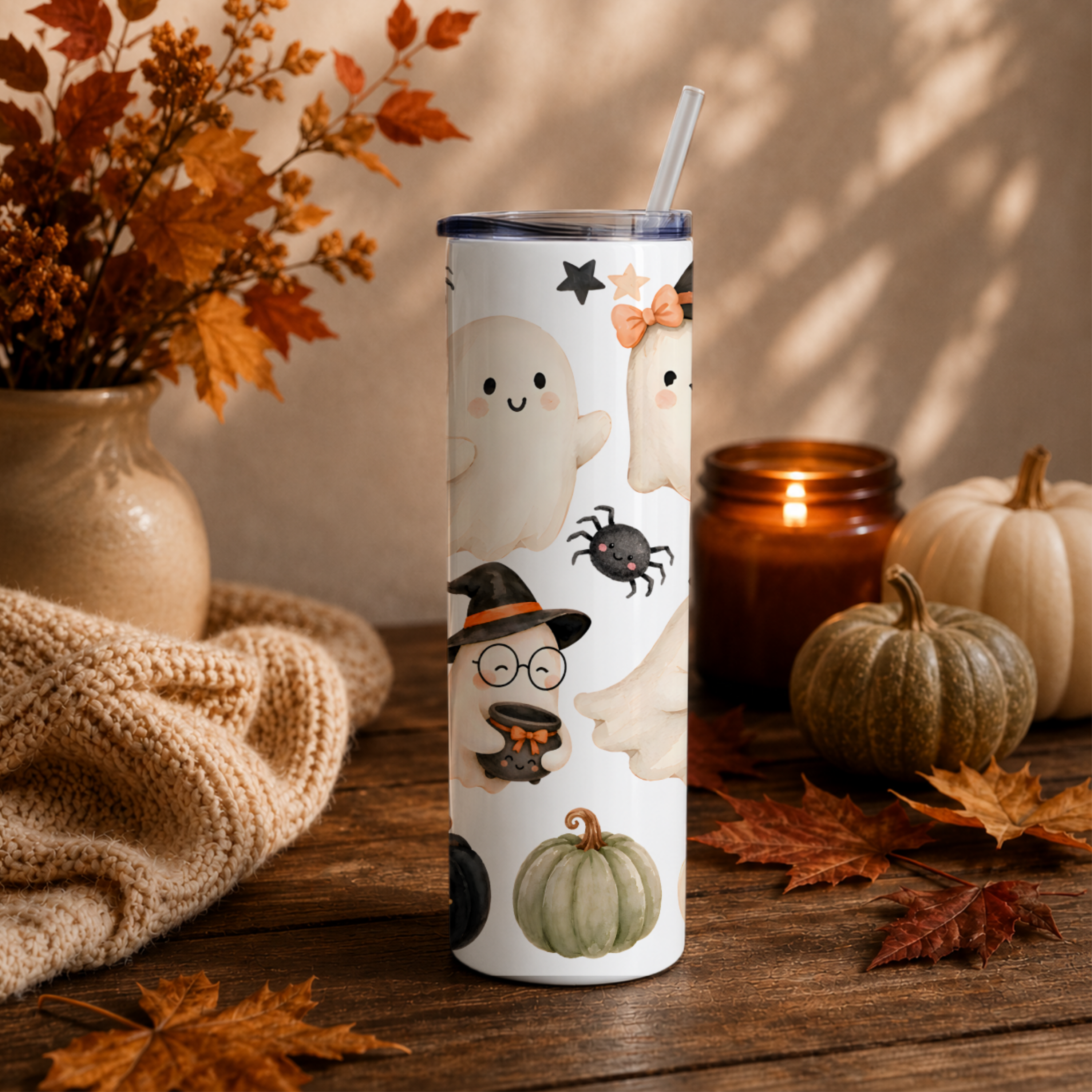 Cute Halloween Ghost Tumbler | Black Cat Fall Coffee Cup | Spooky Cute Tumbler