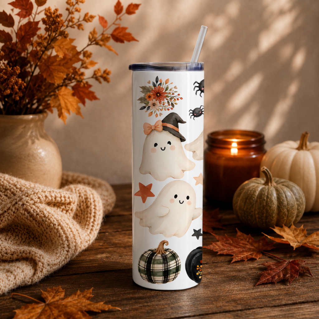 Cute Halloween Ghost Tumbler | Black Cat Fall Coffee Cup | Spooky Cute Tumbler
