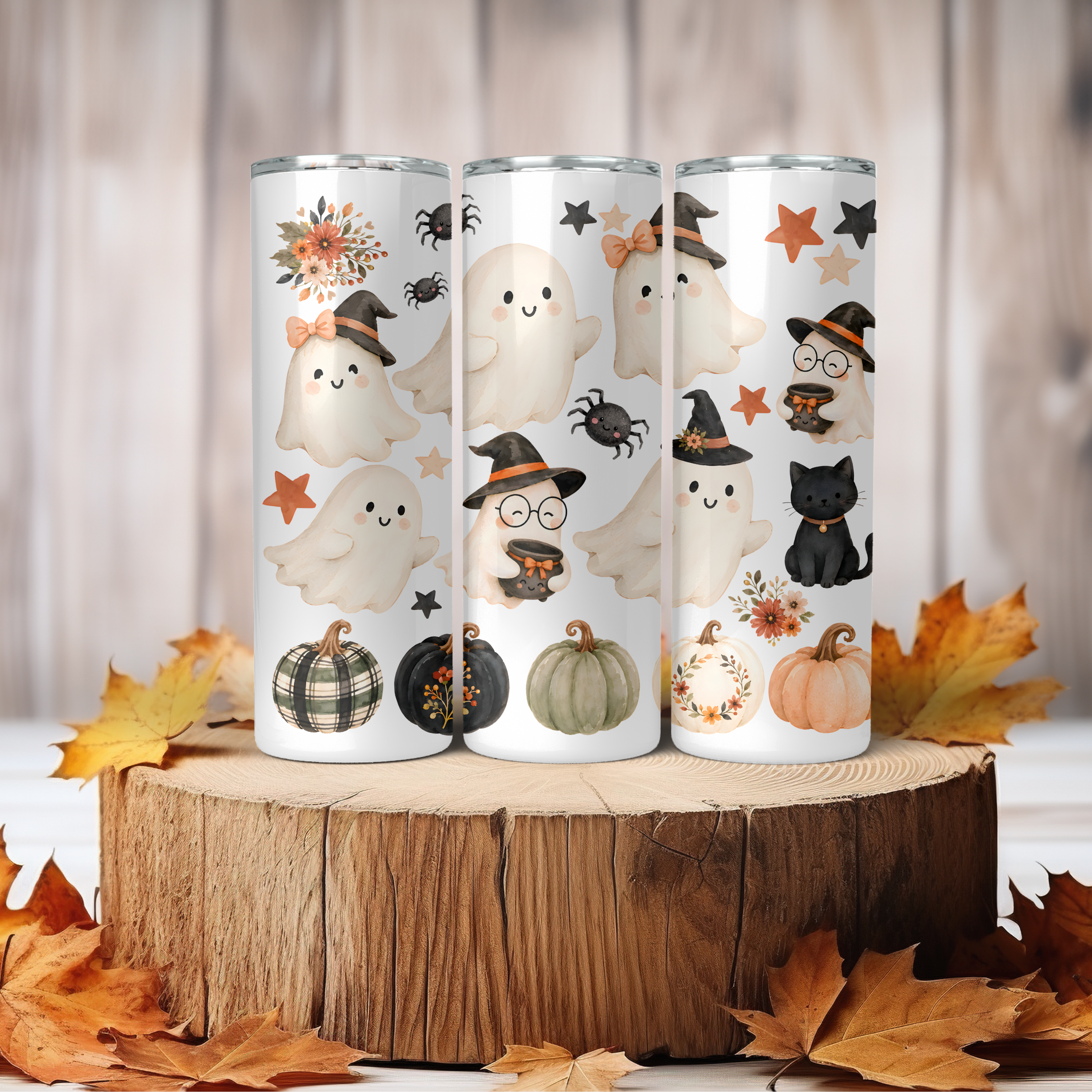 Cute Halloween Ghost Tumbler | Black Cat Fall Coffee Cup | Spooky Cute Tumbler