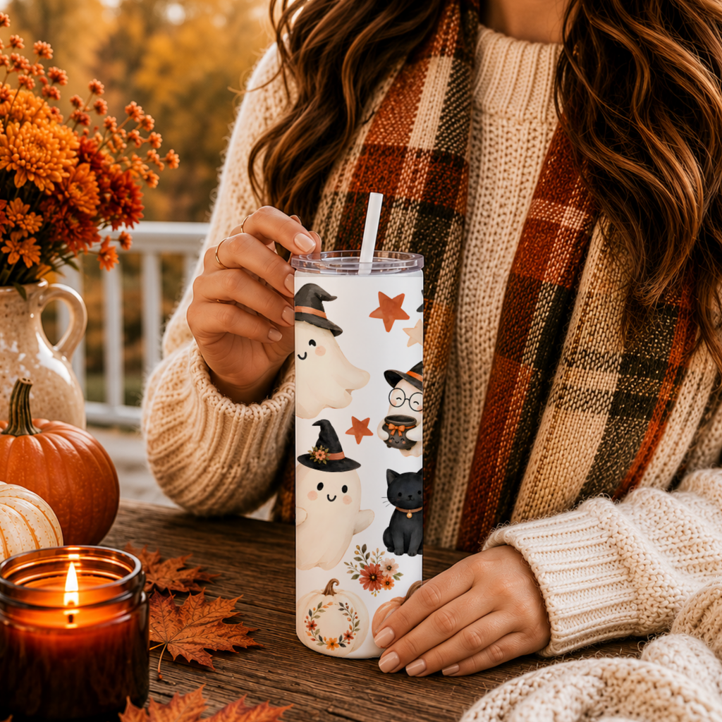 Cute Halloween Ghost Tumbler | Black Cat Fall Coffee Cup | Spooky Cute Tumbler