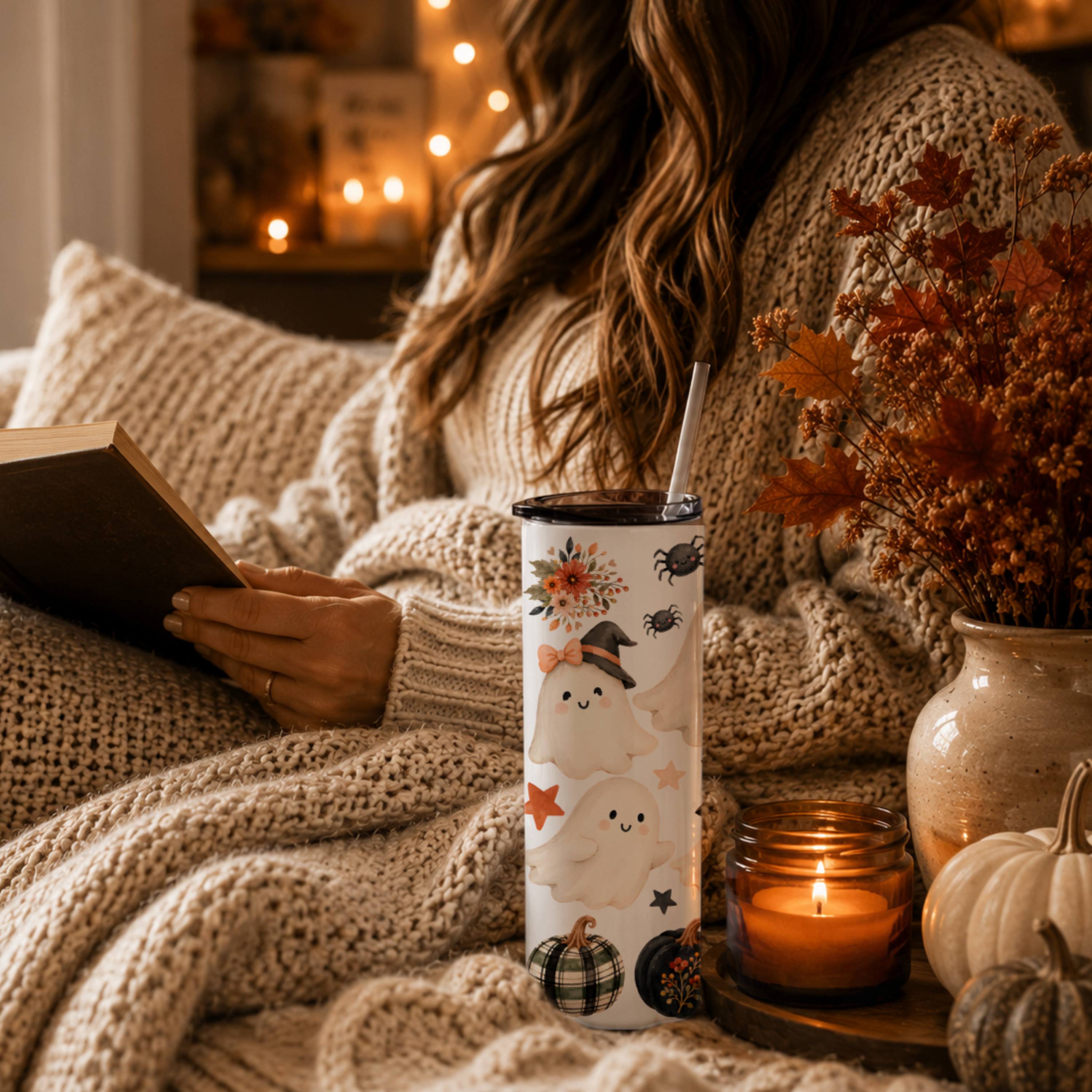 Cute Halloween Ghost Tumbler | Black Cat Fall Coffee Cup | Spooky Cute Tumbler