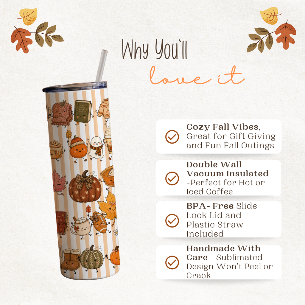 Autumn Aesthetic Tumbler | Cute Kawaii Style Coffee Cup | 20 oz Stainless Fall Clipart Travel Mug