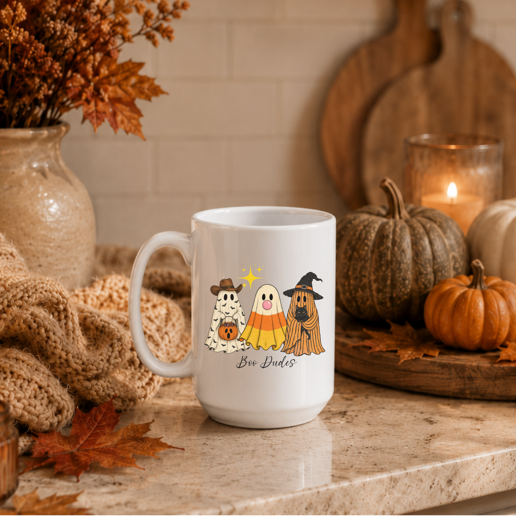 Boo Dudes Halloween Ghost Mug | 15 oz Fall Ceramic Coffee Cup | Spooky Cute Halloween Gift