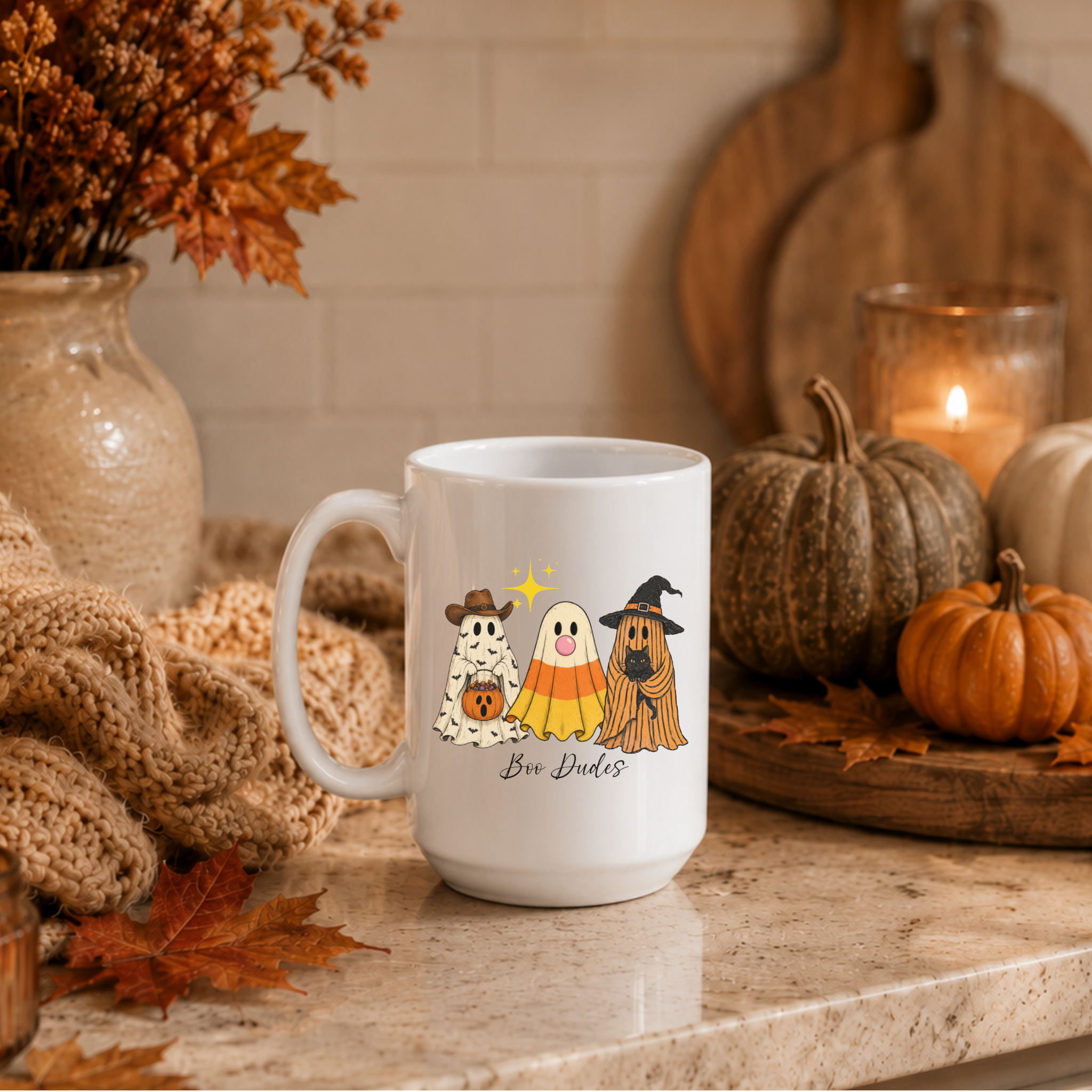 Boo Dudes Halloween Ghost Mug | 15 oz Fall Ceramic Coffee Cup | Spooky Cute Halloween Gift