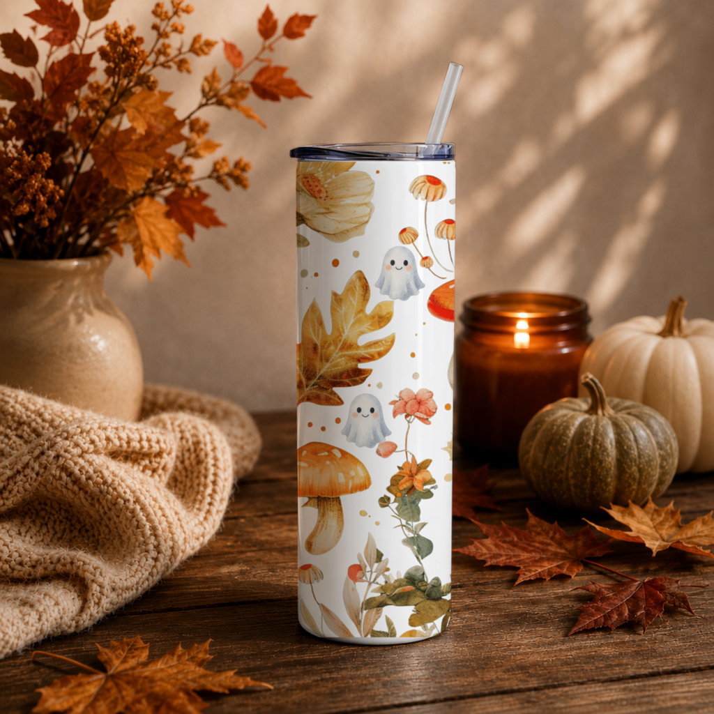 Woodland Mushroom Insulated Travel Mug | Cute Ghost Fall Tumbler | Watercolor Autumn Coffee Cup