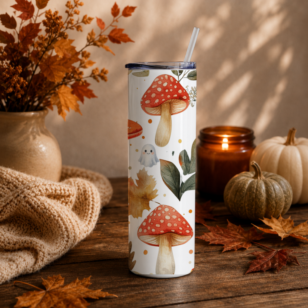 Woodland Mushroom Insulated Travel Mug | Cute Ghost Fall Tumbler | Watercolor Autumn Coffee Cup