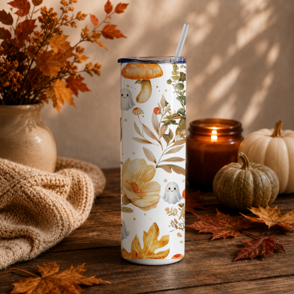 Woodland Mushroom Insulated Travel Mug | Cute Ghost Fall Tumbler | Watercolor Autumn Coffee Cup