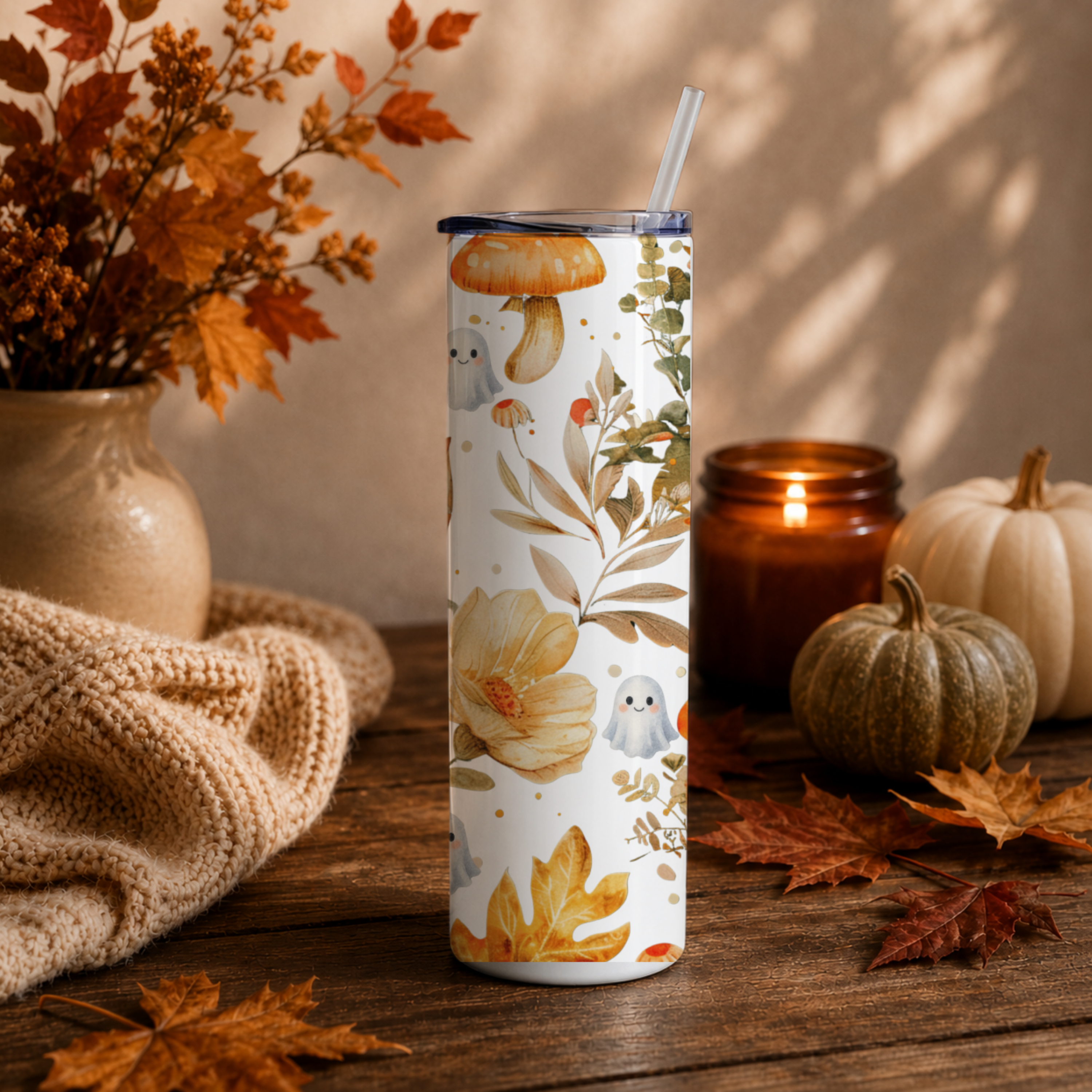 Woodland Mushroom Insulated Travel Mug | Cute Ghost Fall Tumbler | Watercolor Autumn Coffee Cup