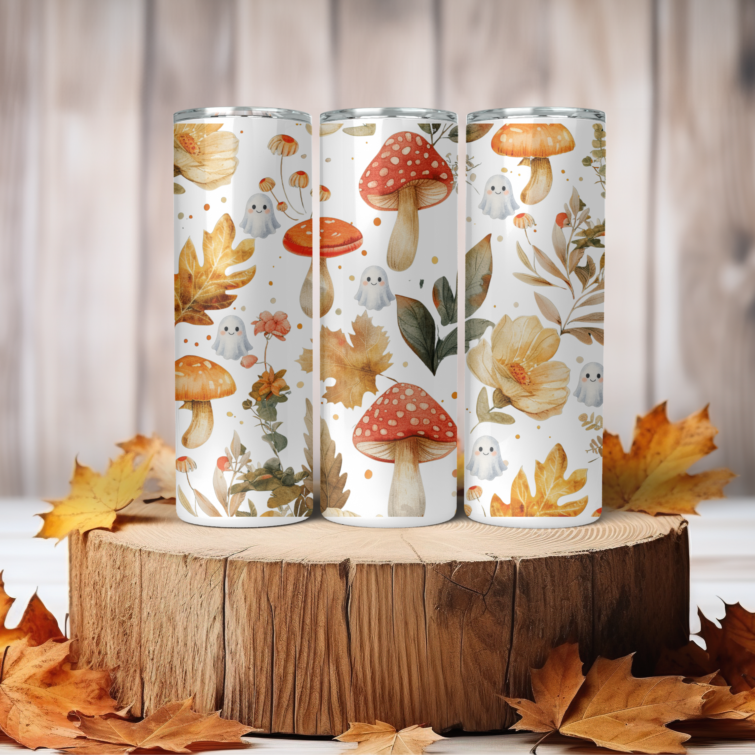 Woodland Mushroom Insulated Travel Mug | Cute Ghost Fall Tumbler | Watercolor Autumn Coffee Cup