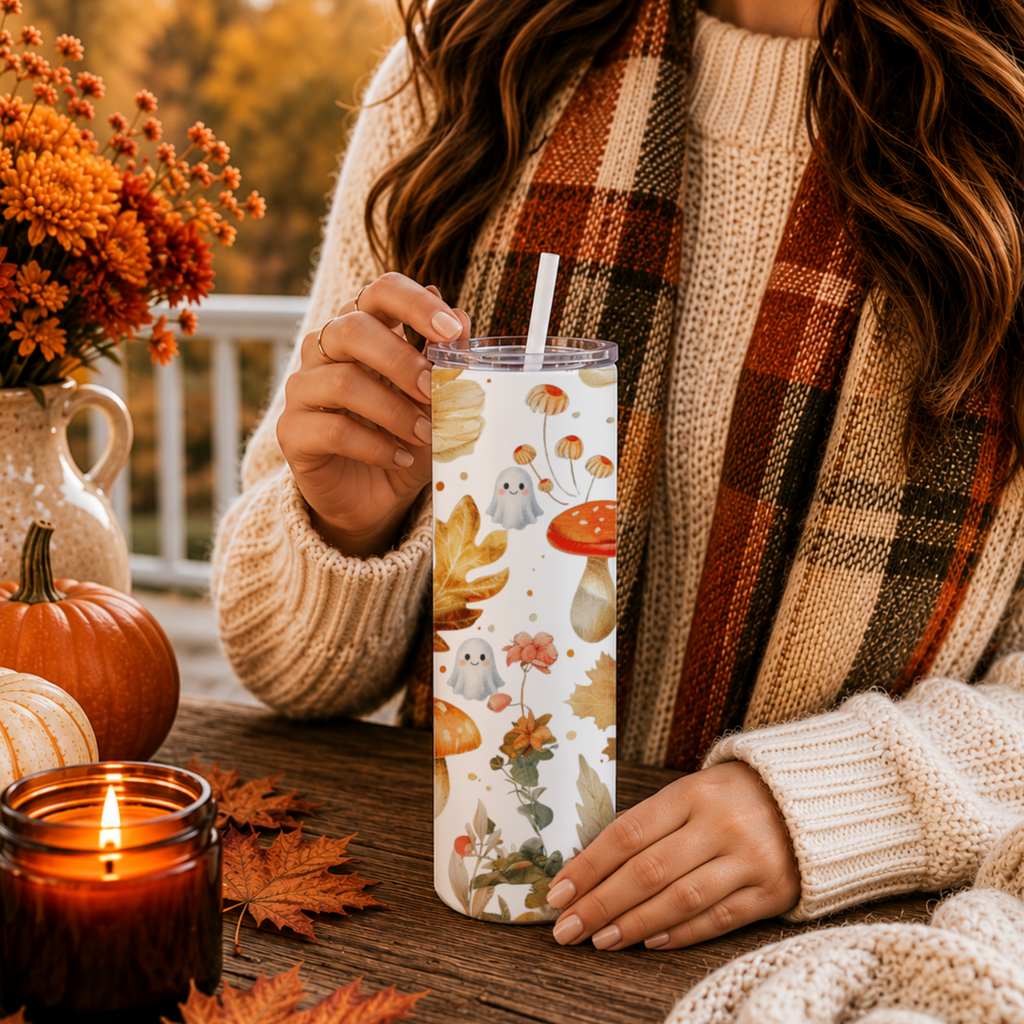 Woodland Mushroom Insulated Travel Mug | Cute Ghost Fall Tumbler | Watercolor Autumn Coffee Cup