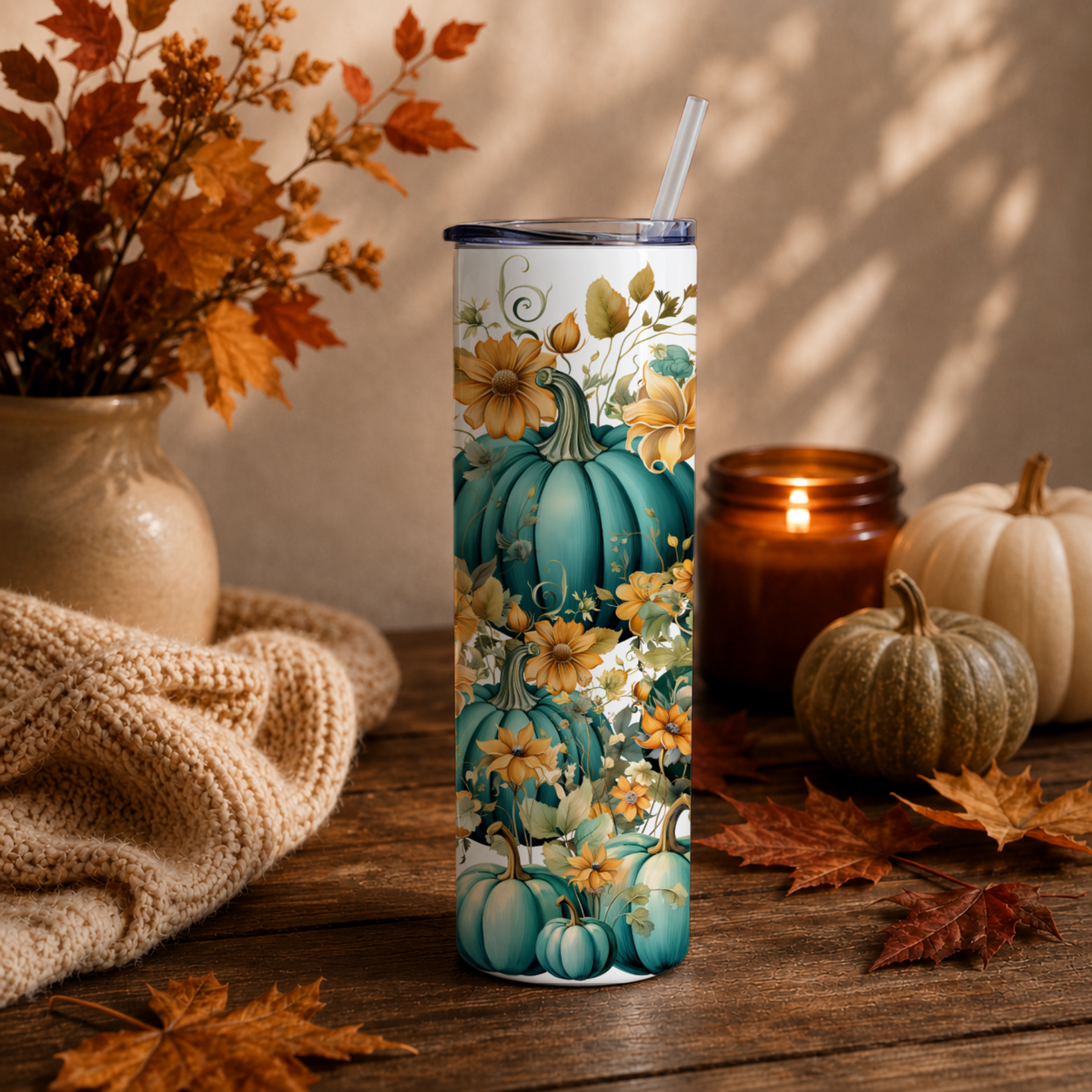 Teal Pumpkin 20 oz Skinny Tumbler | Elegant Fall Floral Coffee Cup | Blue Pumpkin Insulated Travel Mug | Autumn Gift for Her