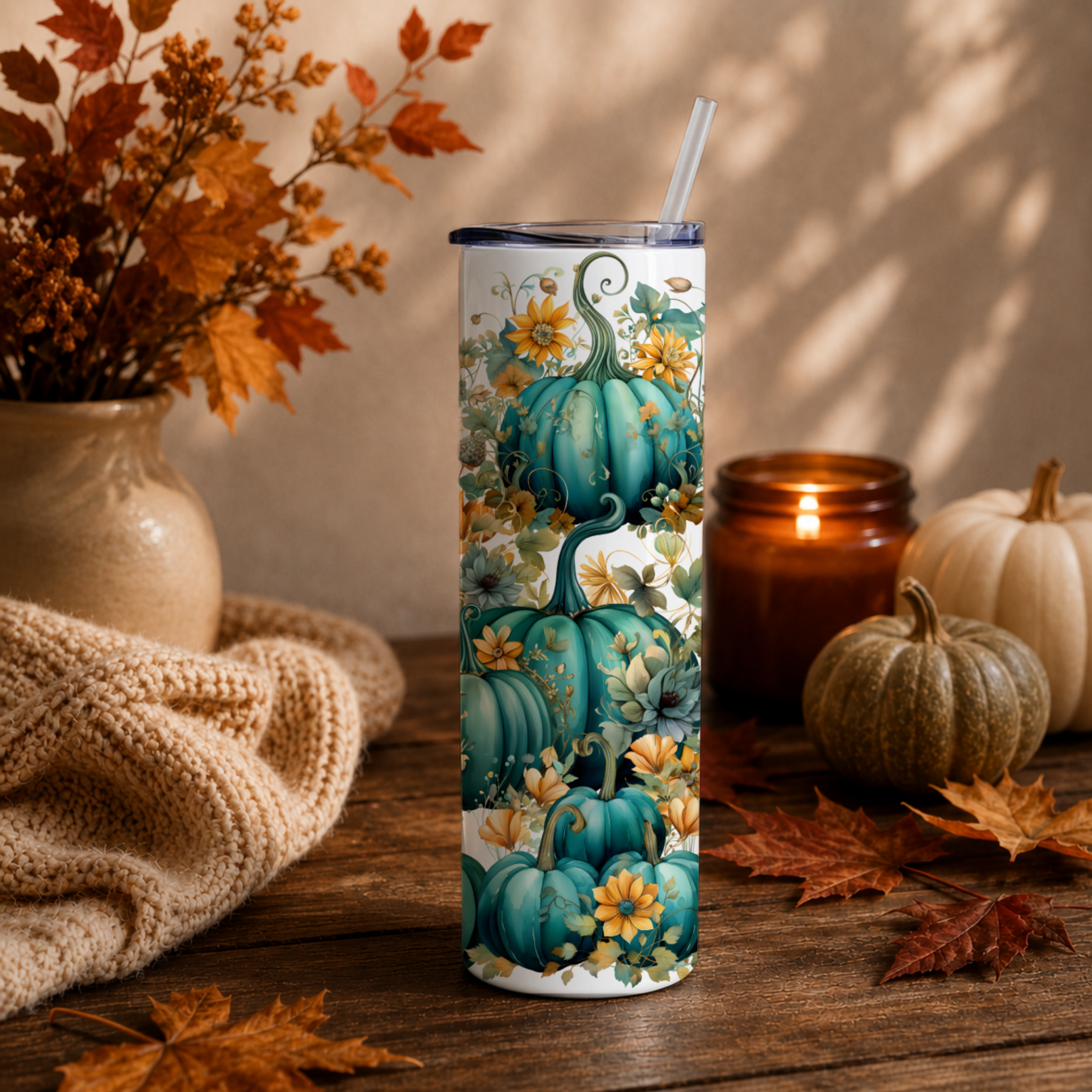 Teal Pumpkin 20 oz Skinny Tumbler | Elegant Fall Floral Coffee Cup | Blue Pumpkin Insulated Travel Mug | Autumn Gift for Her