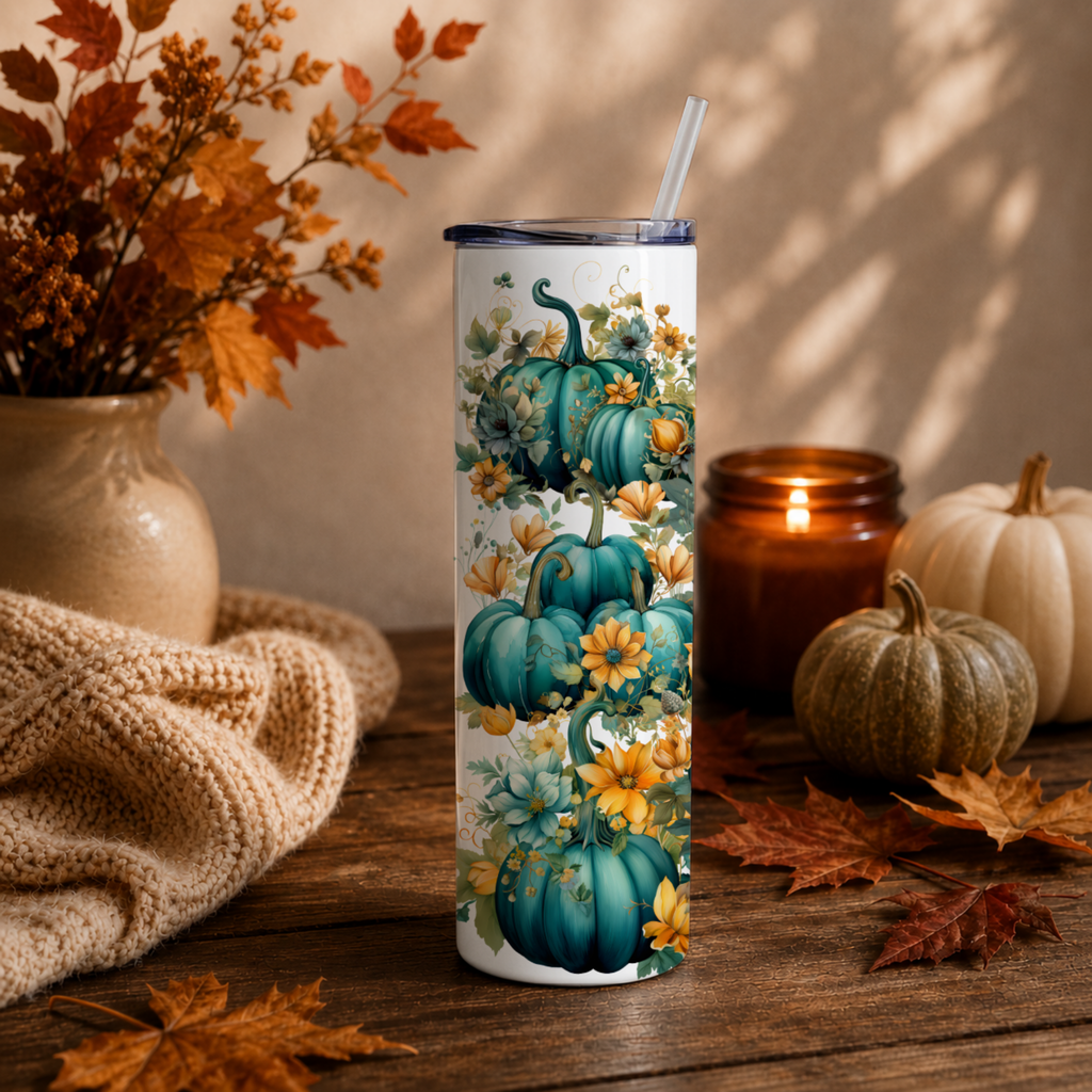 Teal Pumpkin 20 oz Skinny Tumbler | Elegant Fall Floral Coffee Cup | Blue Pumpkin Insulated Travel Mug | Autumn Gift for Her