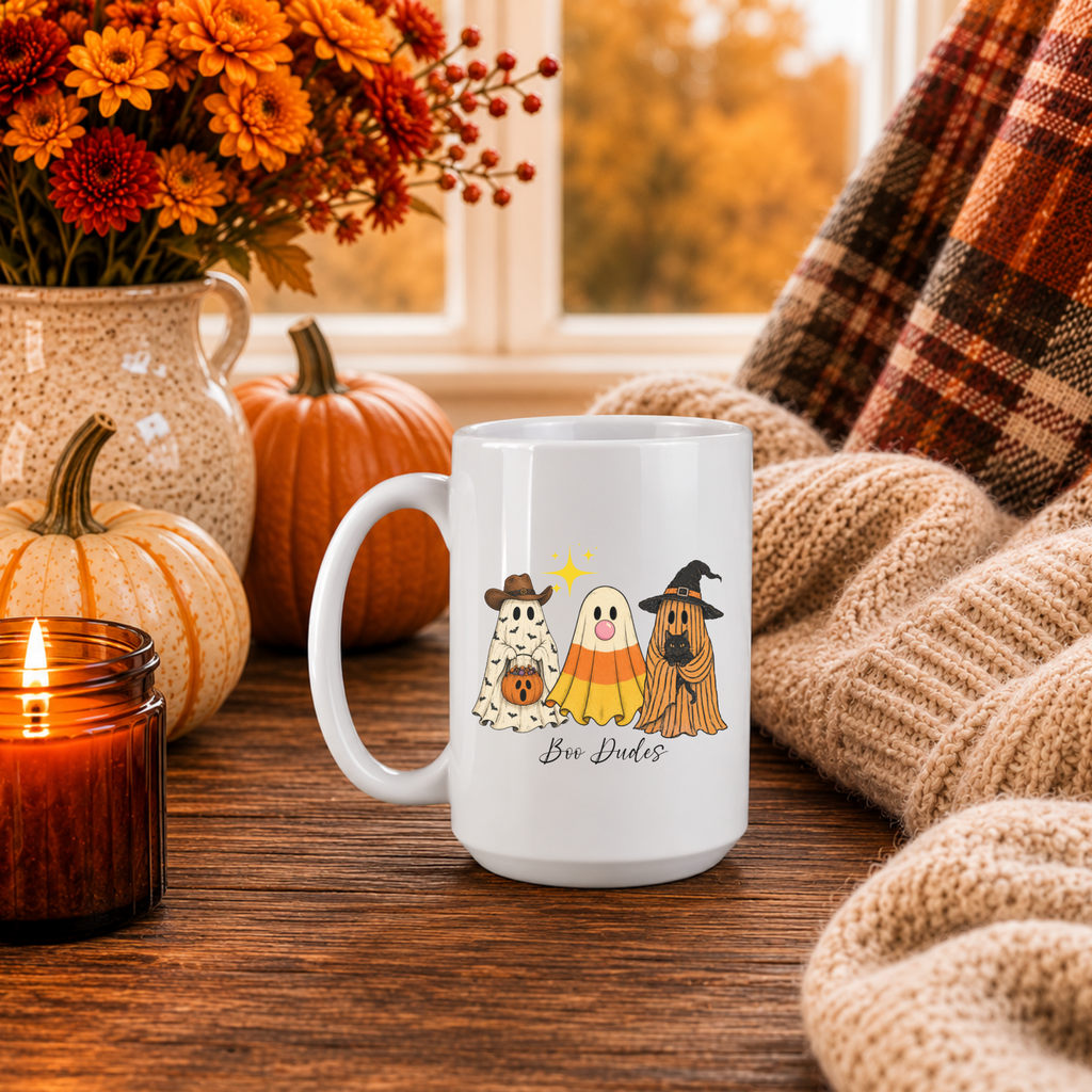 Boo Dudes Halloween Ghost Mug | 15 oz Fall Ceramic Coffee Cup | Spooky Cute Halloween Gift