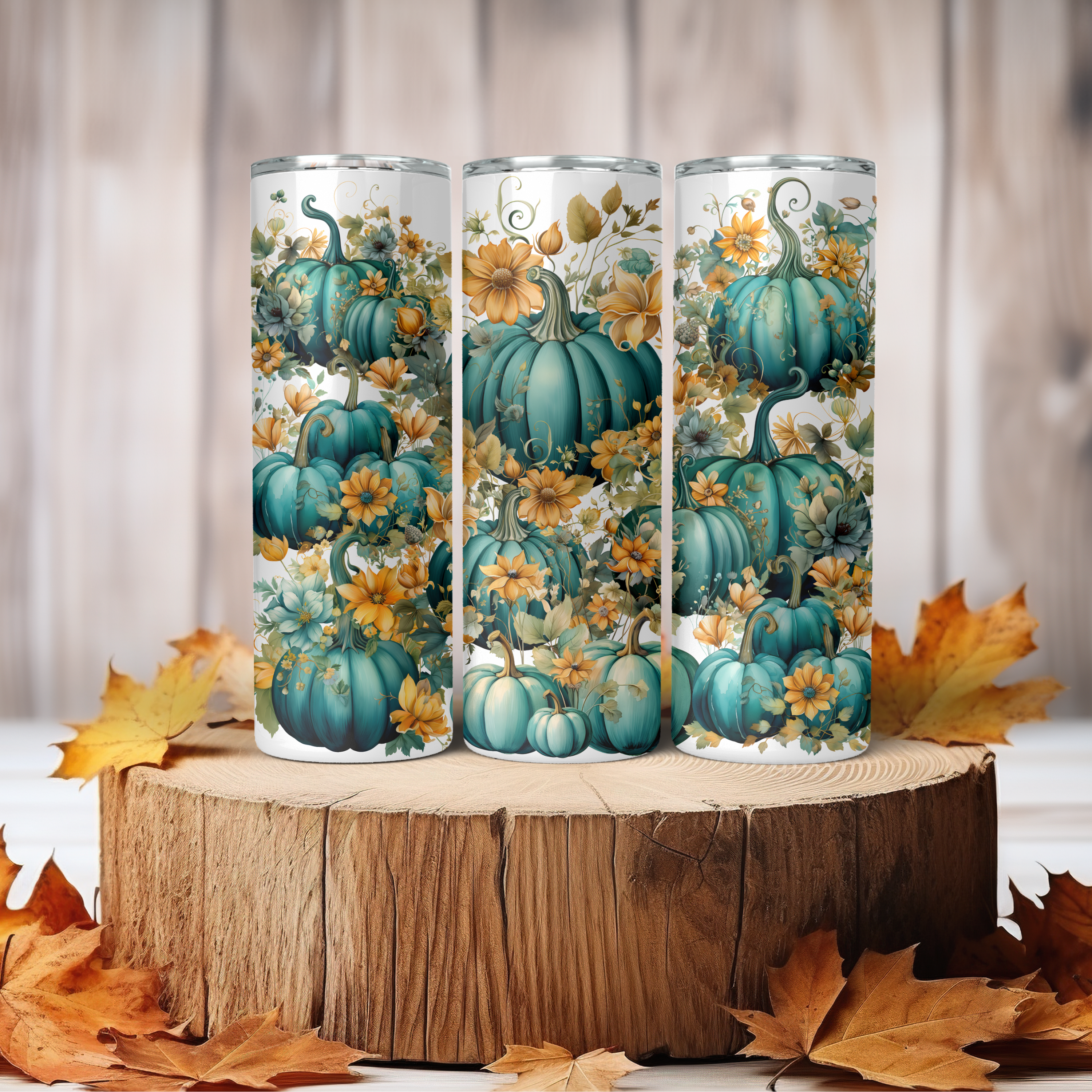 Teal Pumpkin 20 oz Skinny Tumbler | Elegant Fall Floral Coffee Cup | Blue Pumpkin Insulated Travel Mug | Autumn Gift for Her