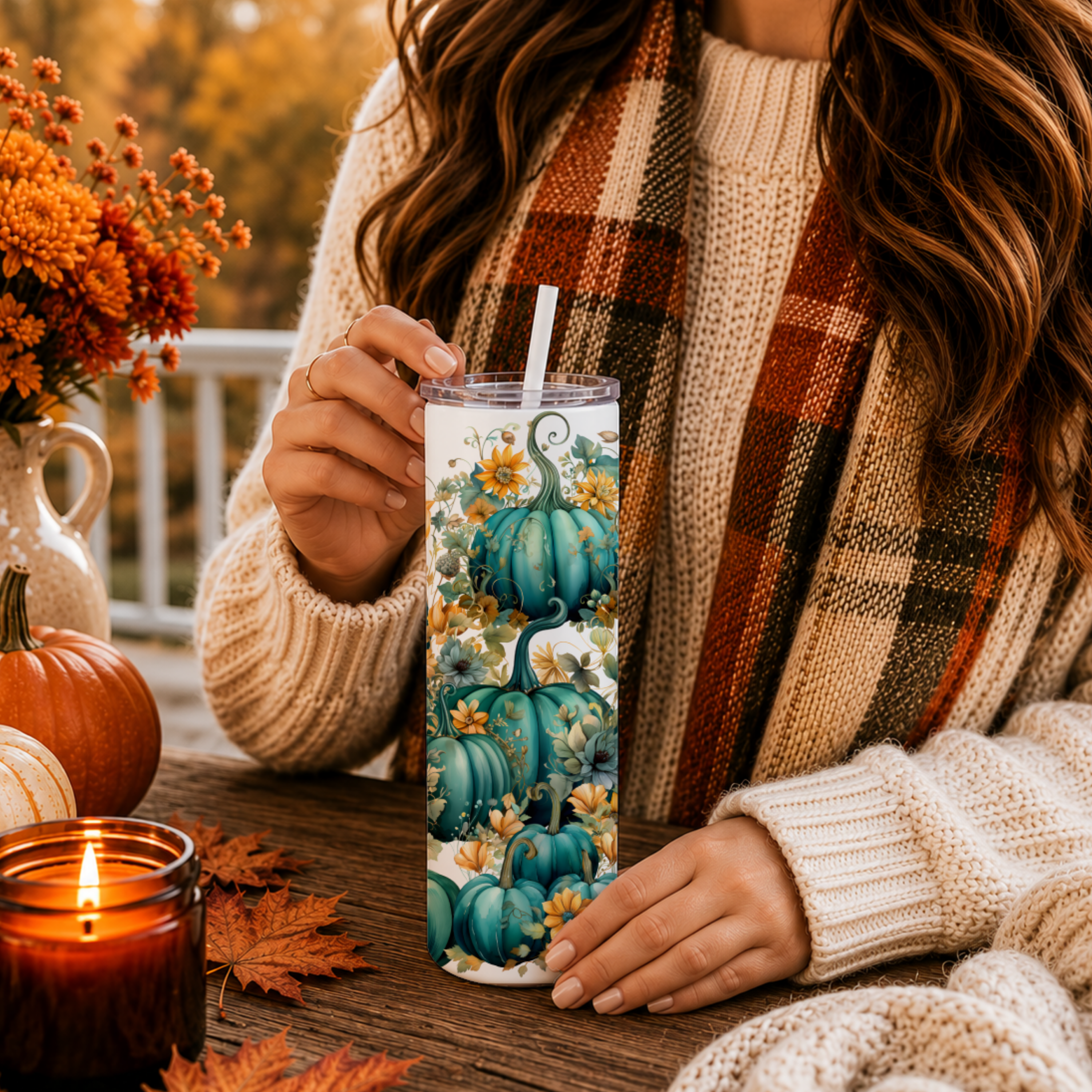Teal Pumpkin 20 oz Skinny Tumbler | Elegant Fall Floral Coffee Cup | Blue Pumpkin Insulated Travel Mug | Autumn Gift for Her