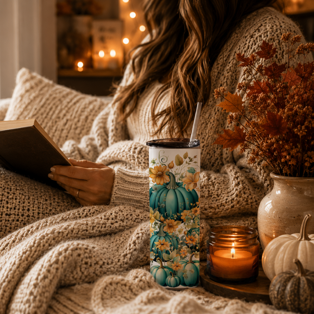 Teal Pumpkin 20 oz Skinny Tumbler | Elegant Fall Floral Coffee Cup | Blue Pumpkin Insulated Travel Mug | Autumn Gift for Her