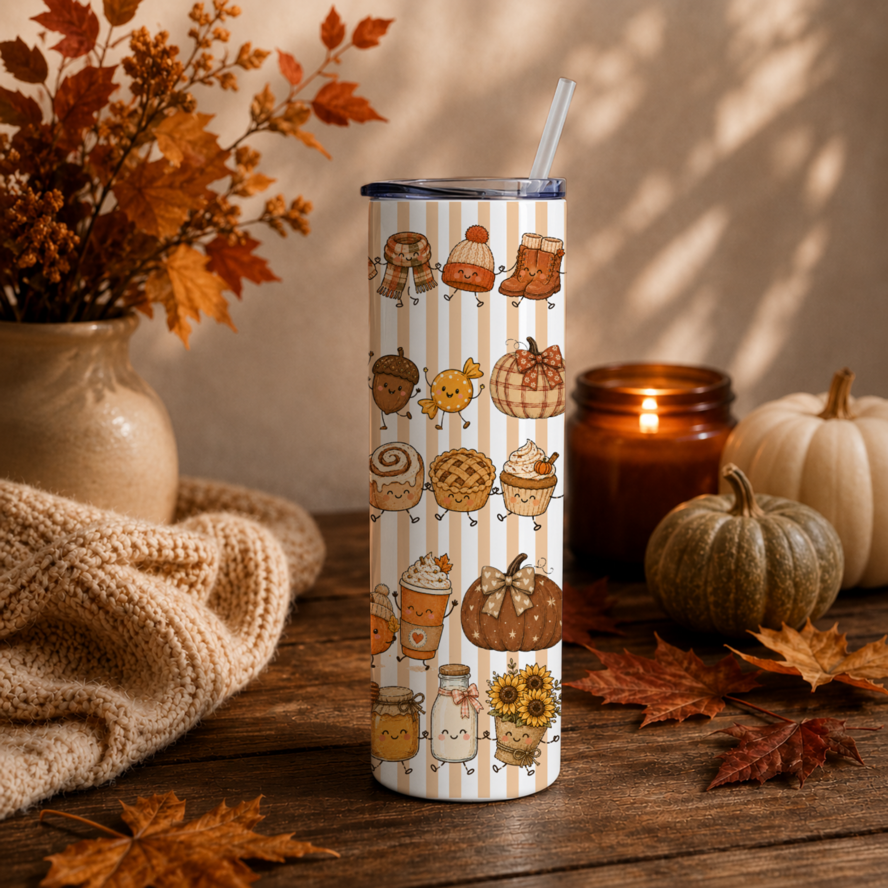 Autumn Aesthetic Tumbler | Cute Kawaii Style Coffee Cup | 20 oz Stainless Fall Clipart Travel Mug