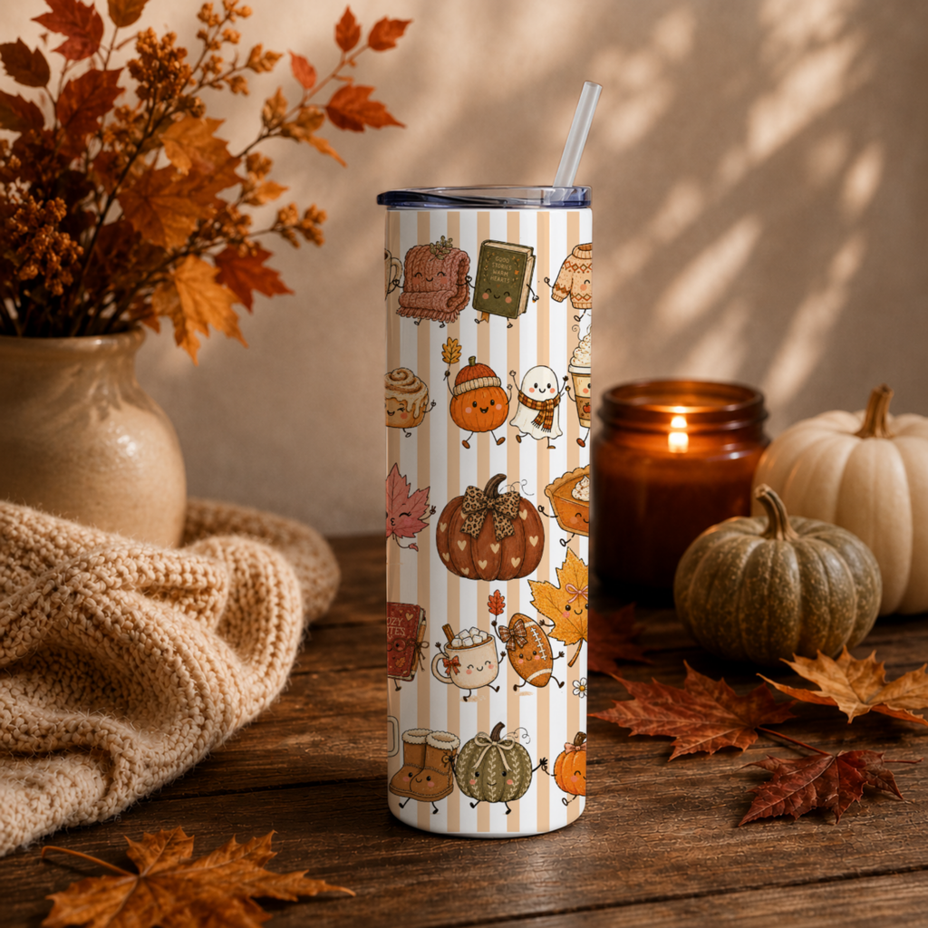 Autumn Aesthetic Tumbler | Cute Kawaii Style Coffee Cup | 20 oz Stainless Fall Clipart Travel Mug