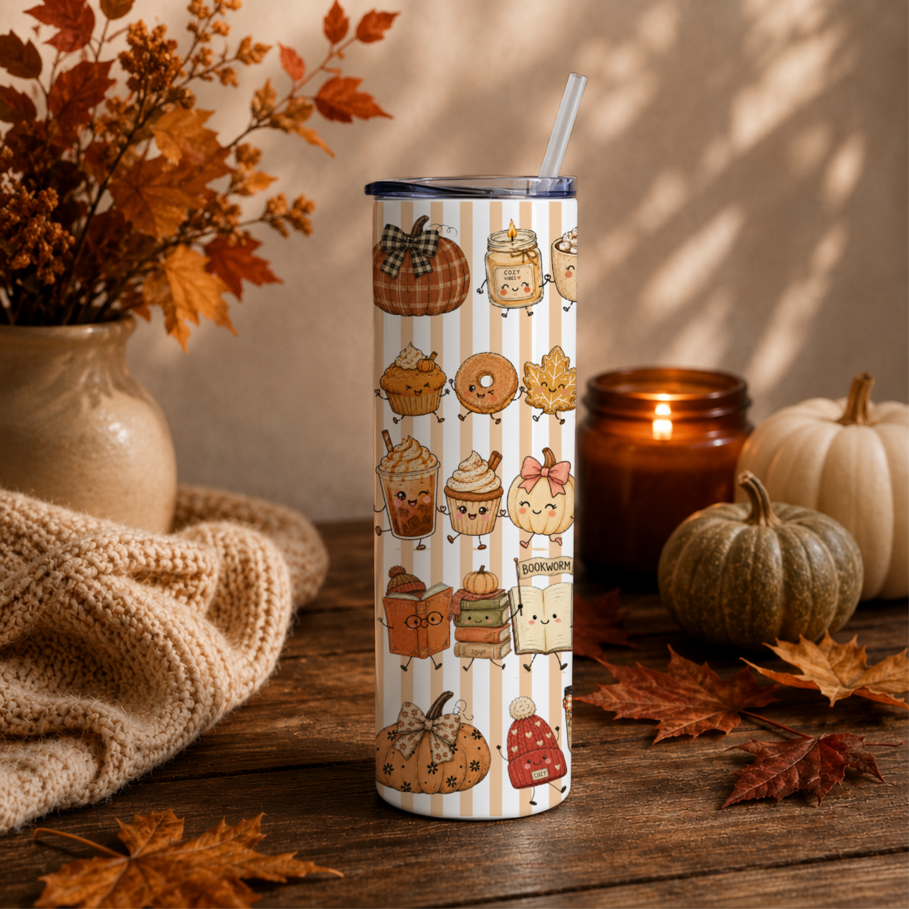 Autumn Aesthetic Tumbler | Cute Kawaii Style Coffee Cup | 20 oz Stainless Fall Clipart Travel Mug