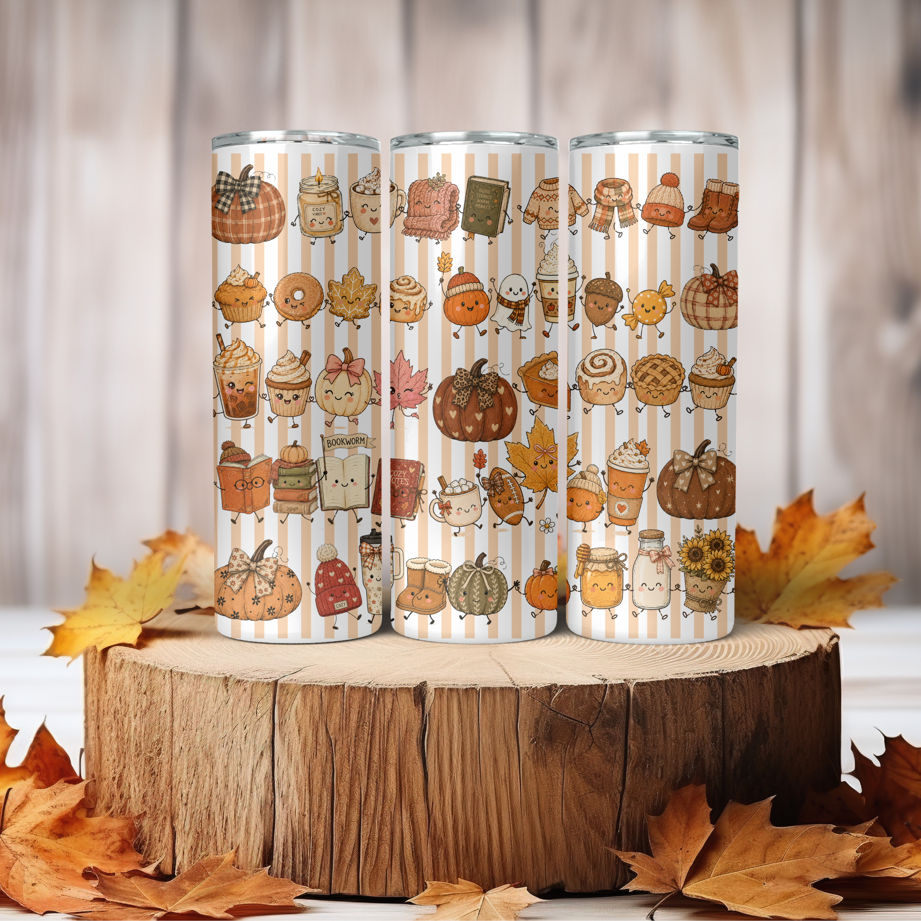 Autumn Aesthetic Tumbler | Cute Kawaii Style Coffee Cup | 20 oz Stainless Fall Clipart Travel Mug