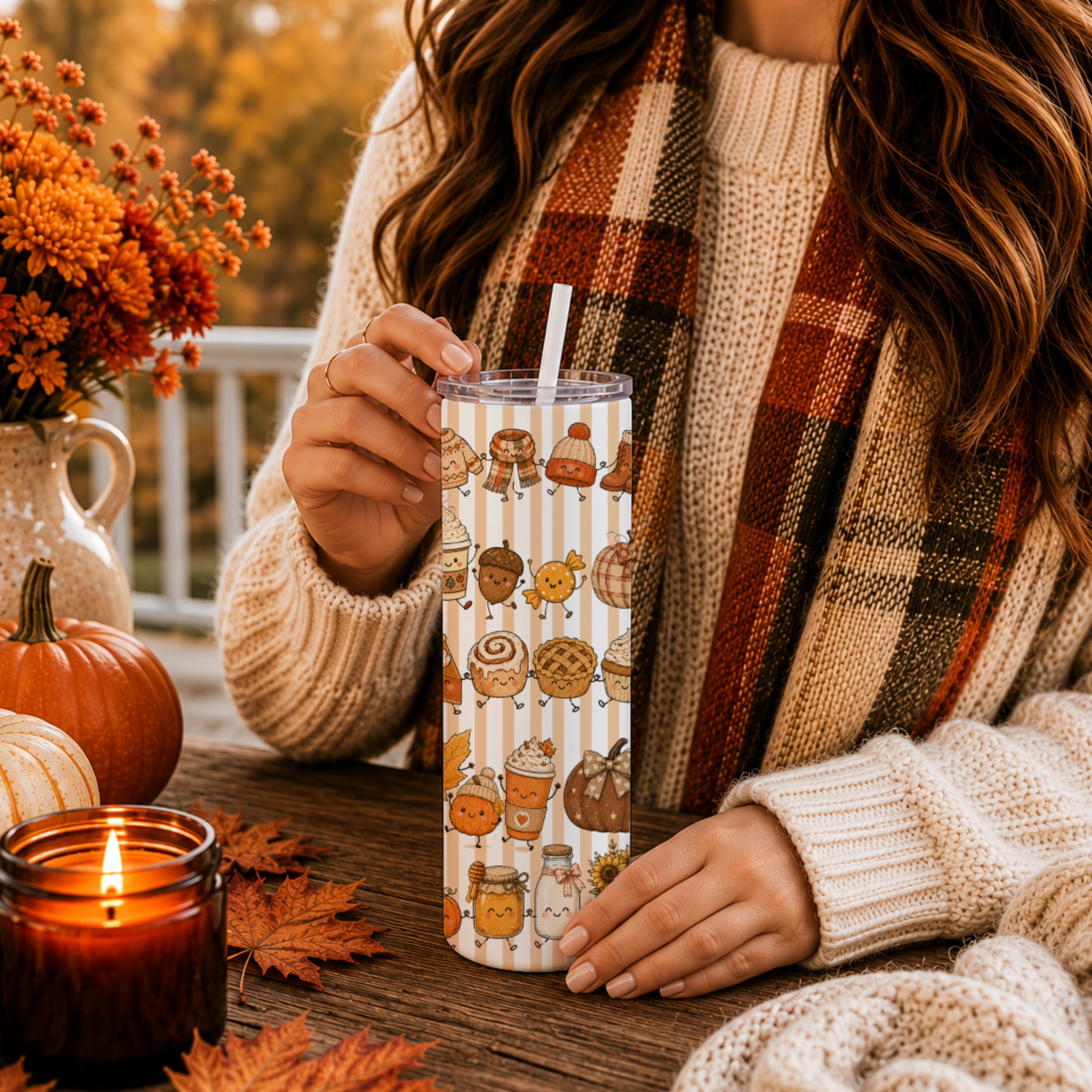 Autumn Aesthetic Tumbler | Cute Kawaii Style Coffee Cup | 20 oz Stainless Fall Clipart Travel Mug