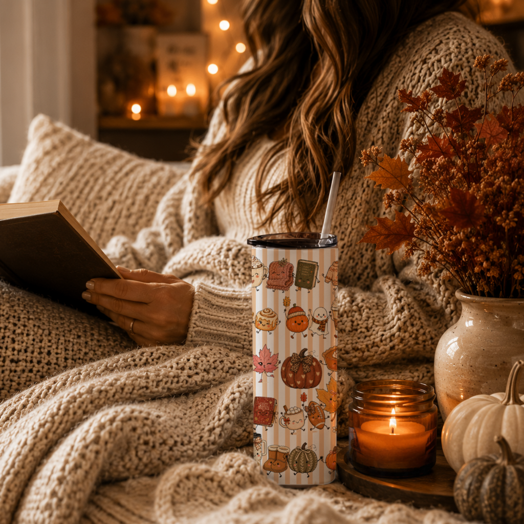 Autumn Aesthetic Tumbler | Cute Kawaii Style Coffee Cup | 20 oz Stainless Fall Clipart Travel Mug