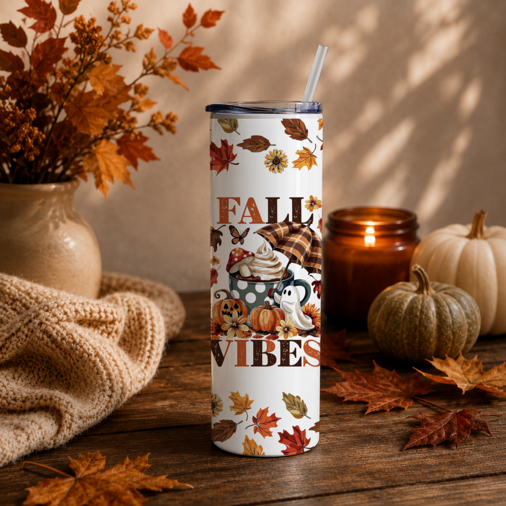 Fall Vibes Tumbler | 20 oz Insulated Autumn Coffee Cup | Cute Leaves Travel Mug