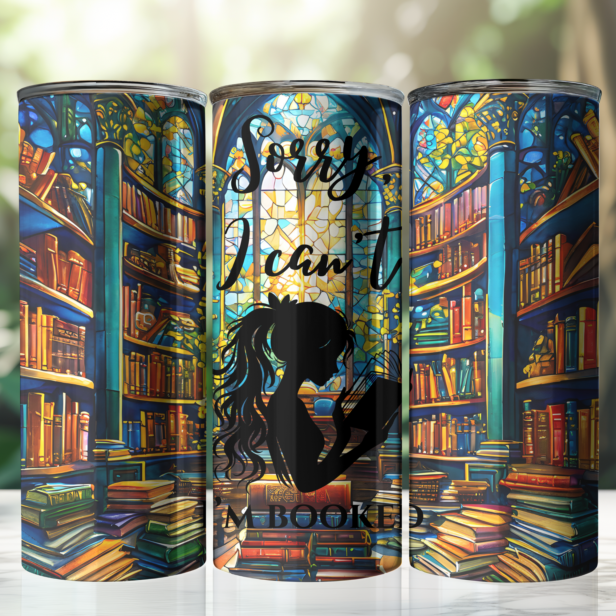 Funny Girl Book Lover Tumbler, Sorry I Can't I'm Booked, Book Lovers Gift Ideas, Skinny Tumbler, Girl Silhouette, Library Books
