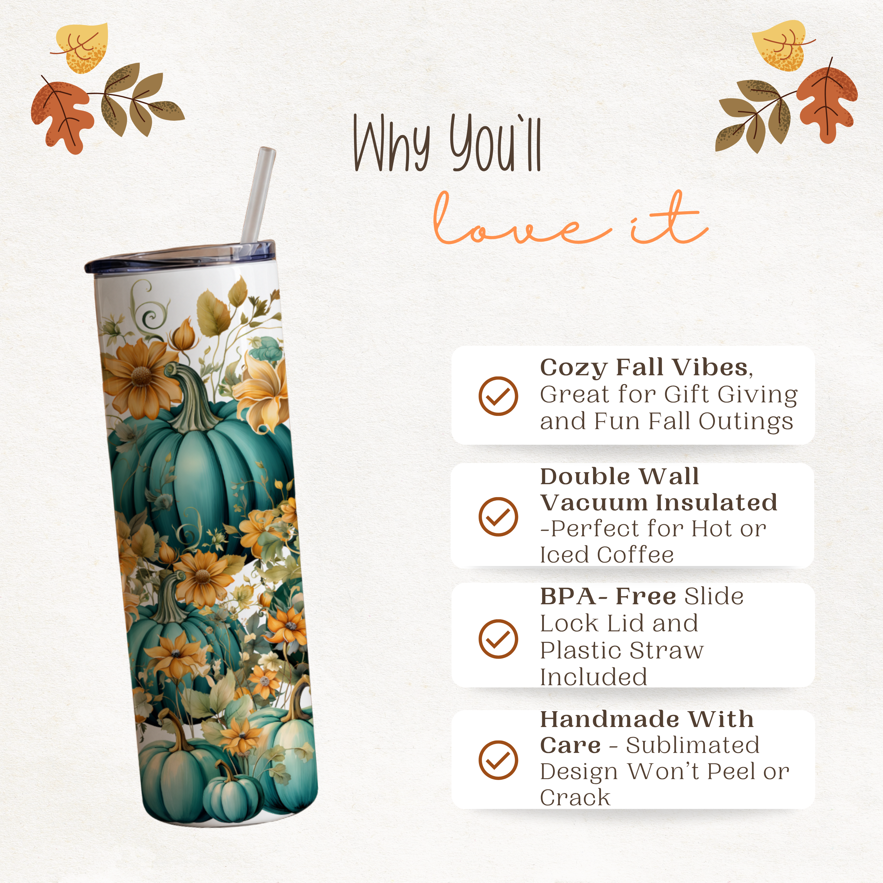 Teal Pumpkin 20 oz Skinny Tumbler | Elegant Fall Floral Coffee Cup | Blue Pumpkin Insulated Travel Mug | Autumn Gift for Her