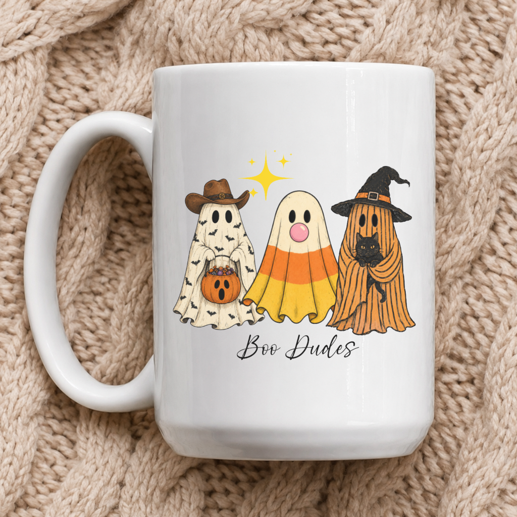 Boo Dudes Halloween Ghost Mug | 15 oz Fall Ceramic Coffee Cup | Spooky Cute Halloween Gift
