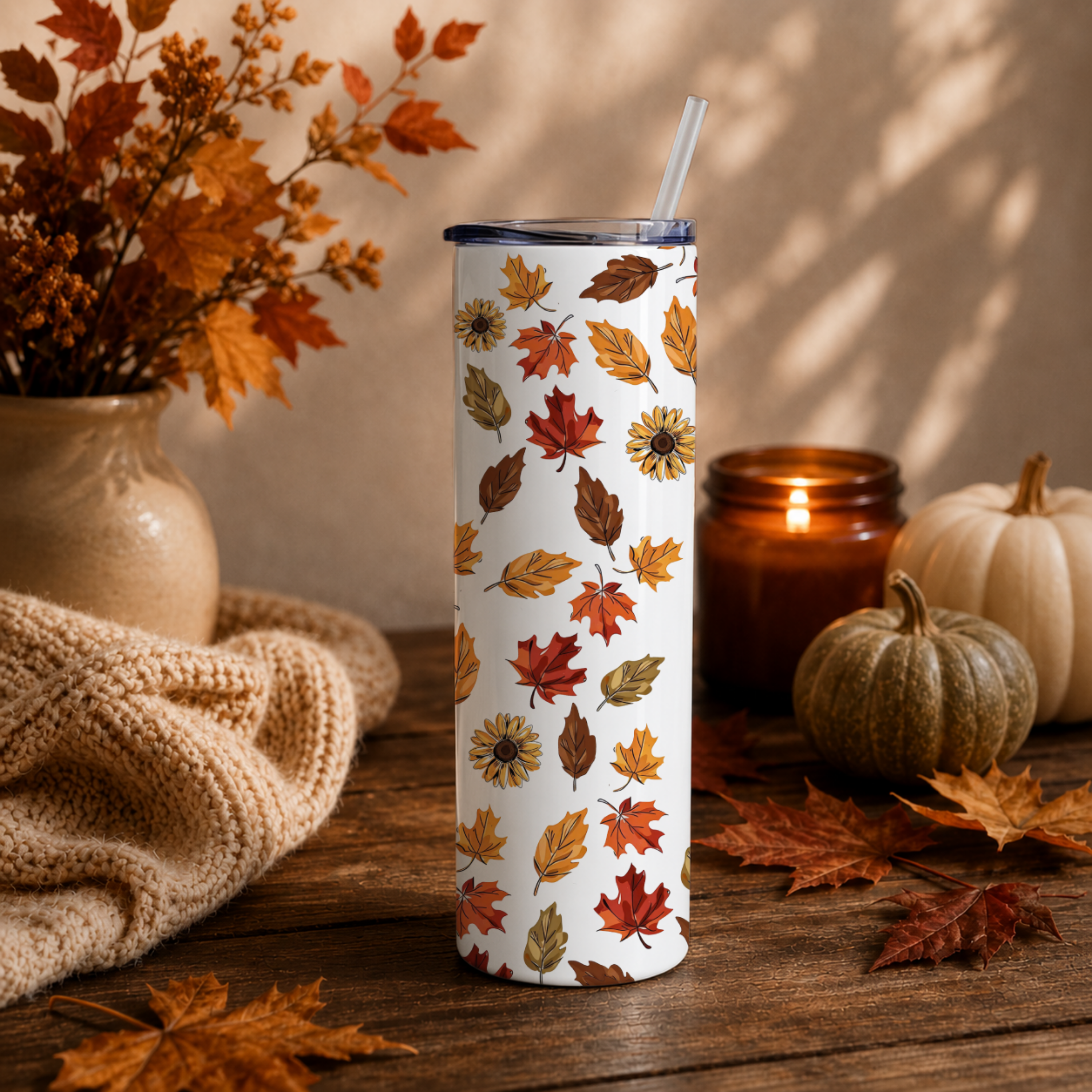 Fall Vibes Tumbler | 20 oz Insulated Autumn Coffee Cup | Cute Leaves Travel Mug