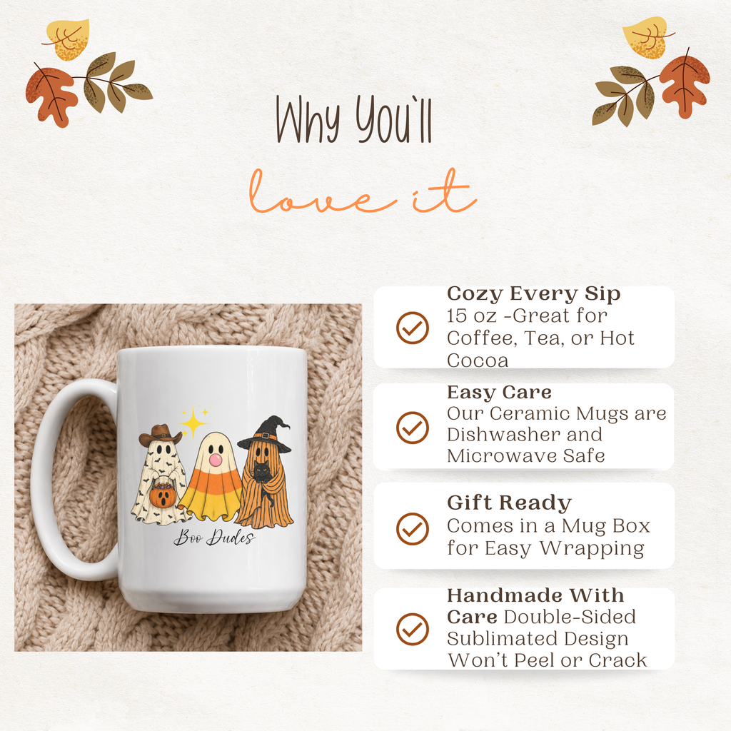 Boo Dudes Halloween Ghost Mug | 15 oz Fall Ceramic Coffee Cup | Spooky Cute Halloween Gift