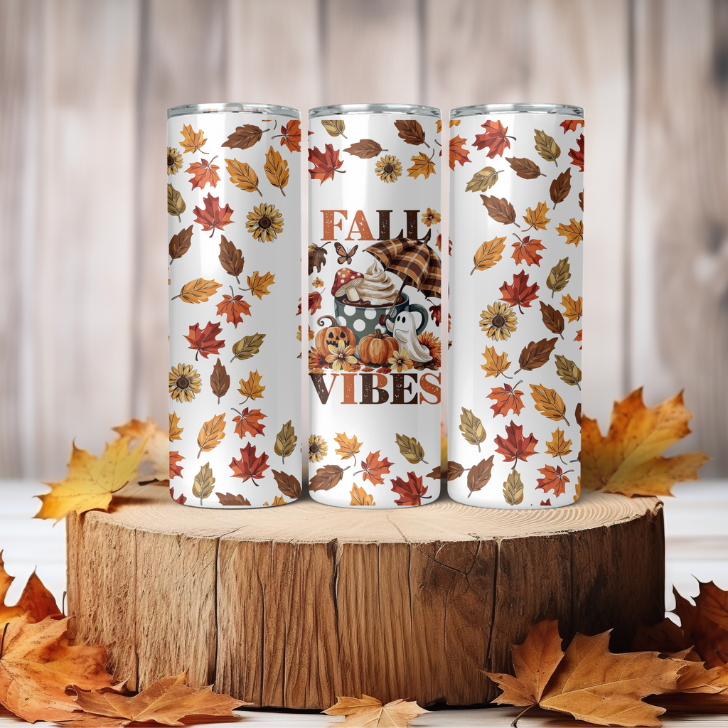 Fall Vibes Tumbler | 20 oz Insulated Autumn Coffee Cup | Cute Leaves Travel Mug