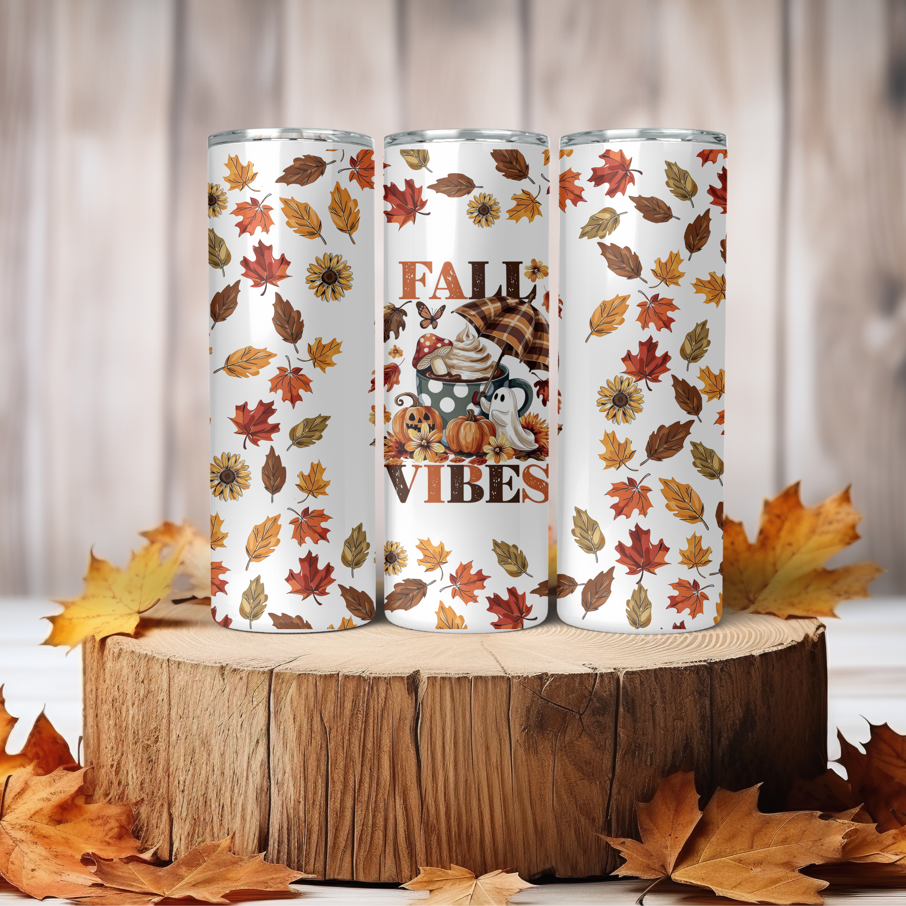 Fall Vibes Tumbler | 20 oz Insulated Autumn Coffee Cup | Cute Leaves Travel Mug