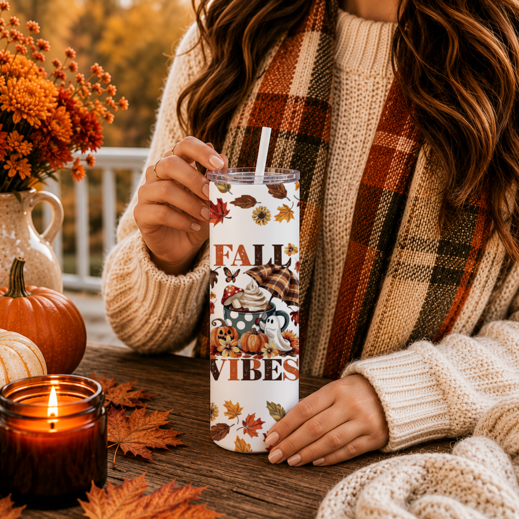 Fall Vibes Tumbler | 20 oz Insulated Autumn Coffee Cup | Cute Leaves Travel Mug