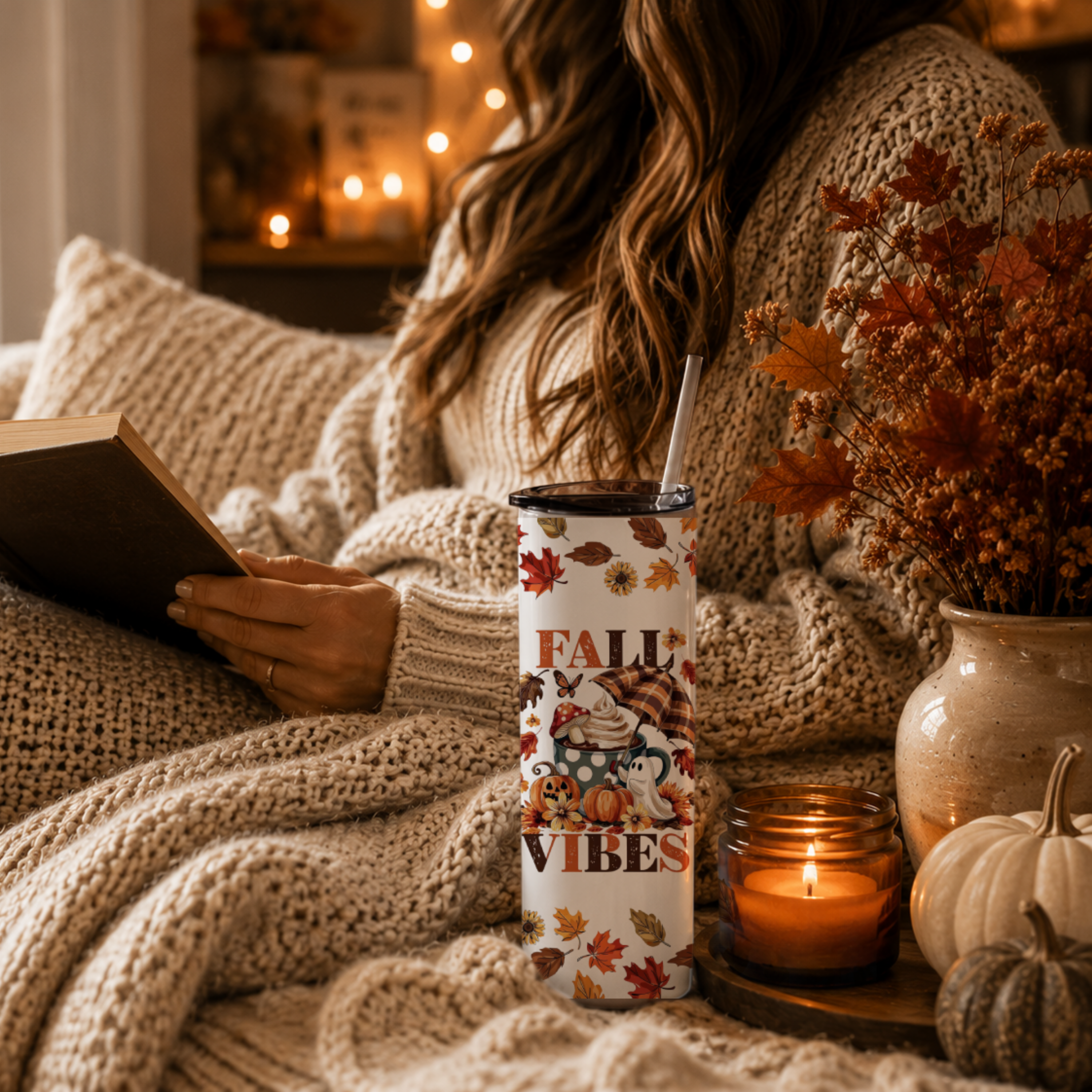 Fall Vibes Tumbler | 20 oz Insulated Autumn Coffee Cup | Cute Leaves Travel Mug