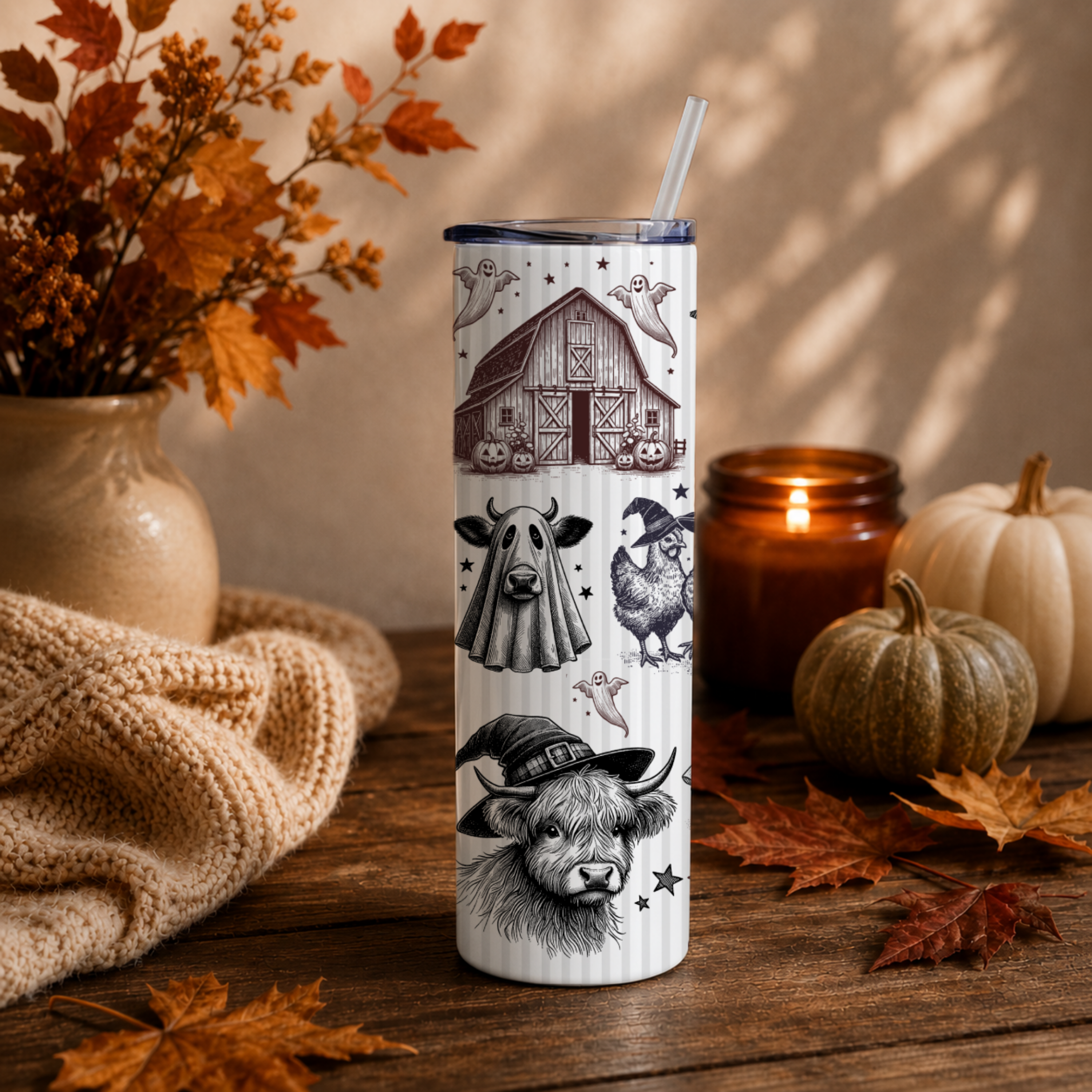 Vintage Style Halloween Tumbler | Highland Cow & Farmhouse Ghost 20 oz Skinny Cup | Rustic Autumn Gift