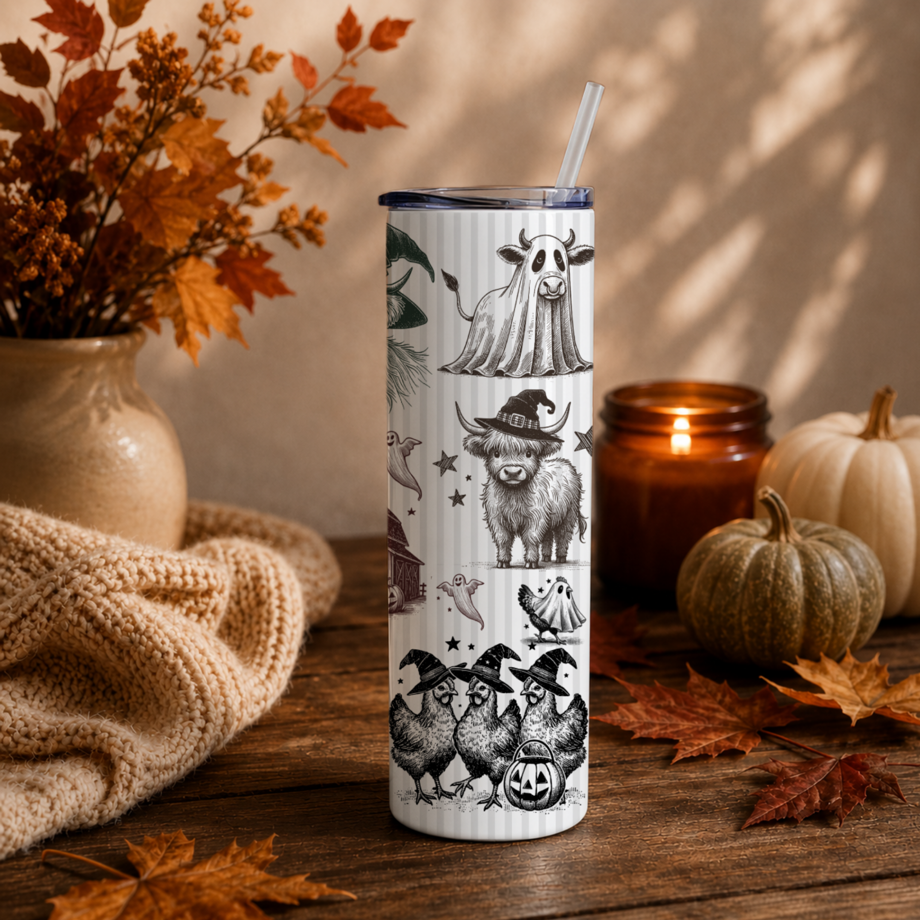 Vintage Style Halloween Tumbler | Highland Cow & Farmhouse Ghost 20 oz Skinny Cup | Rustic Autumn Gift