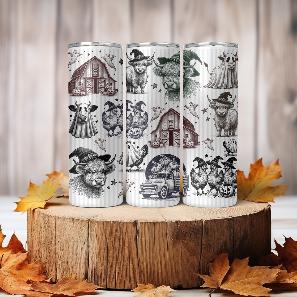 Vintage Style Halloween Tumbler | Highland Cow & Farmhouse Ghost 20 oz Skinny Cup | Rustic Autumn Gift