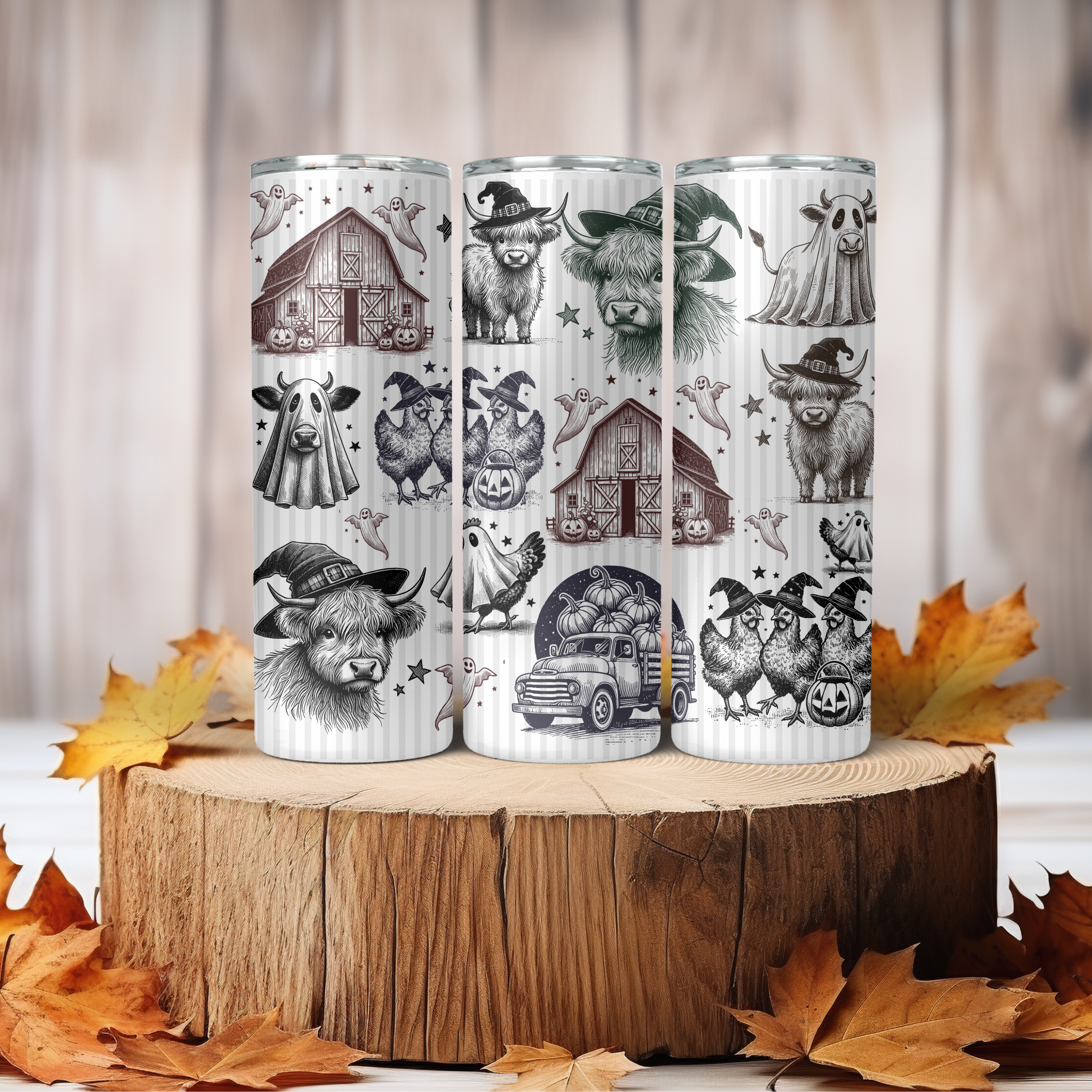 Vintage Style Halloween Tumbler | Highland Cow & Farmhouse Ghost 20 oz Skinny Cup | Rustic Autumn Gift