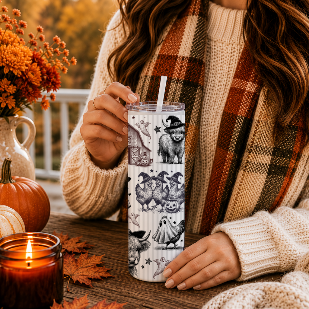 Vintage Style Halloween Tumbler | Highland Cow & Farmhouse Ghost 20 oz Skinny Cup | Rustic Autumn Gift
