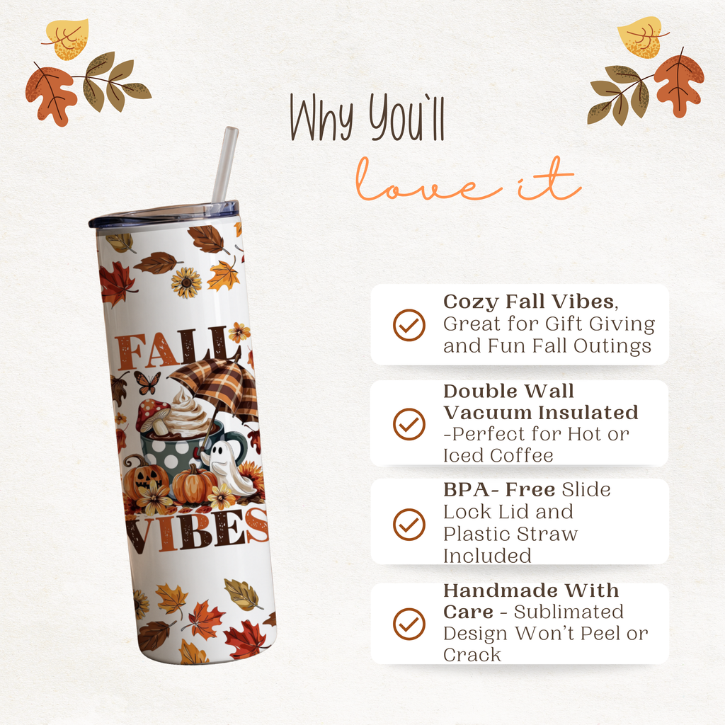 Fall Vibes Tumbler | 20 oz Insulated Autumn Coffee Cup | Cute Leaves Travel Mug